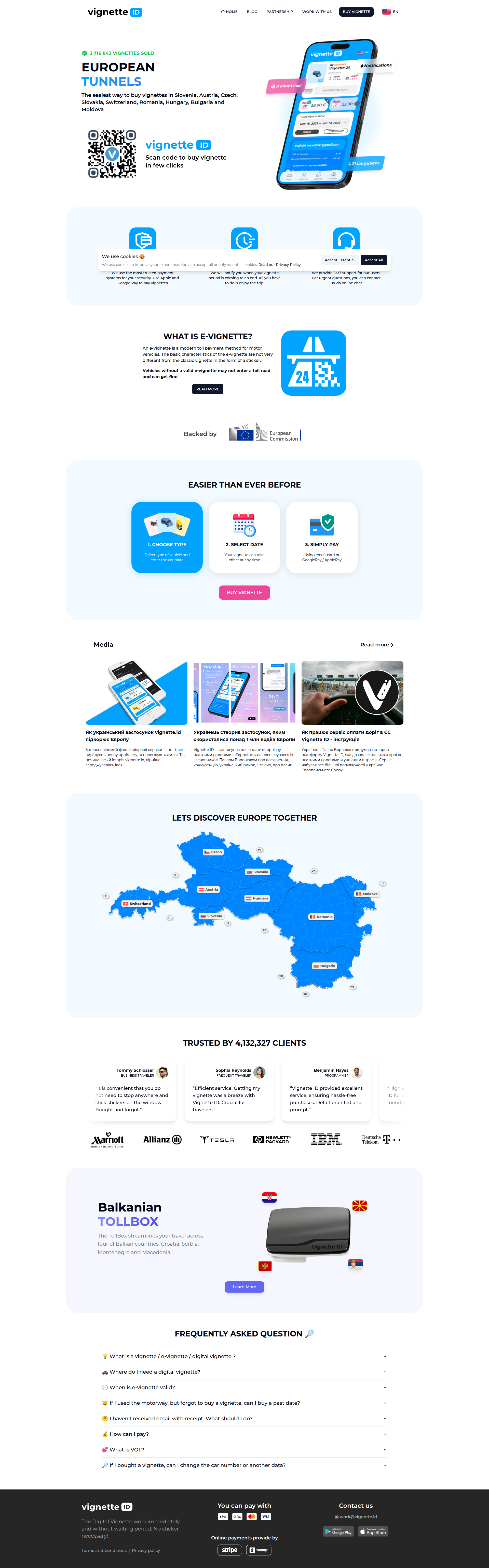Landing page screenshot for e-vignettes.eu, 1920 by 6149 pixels