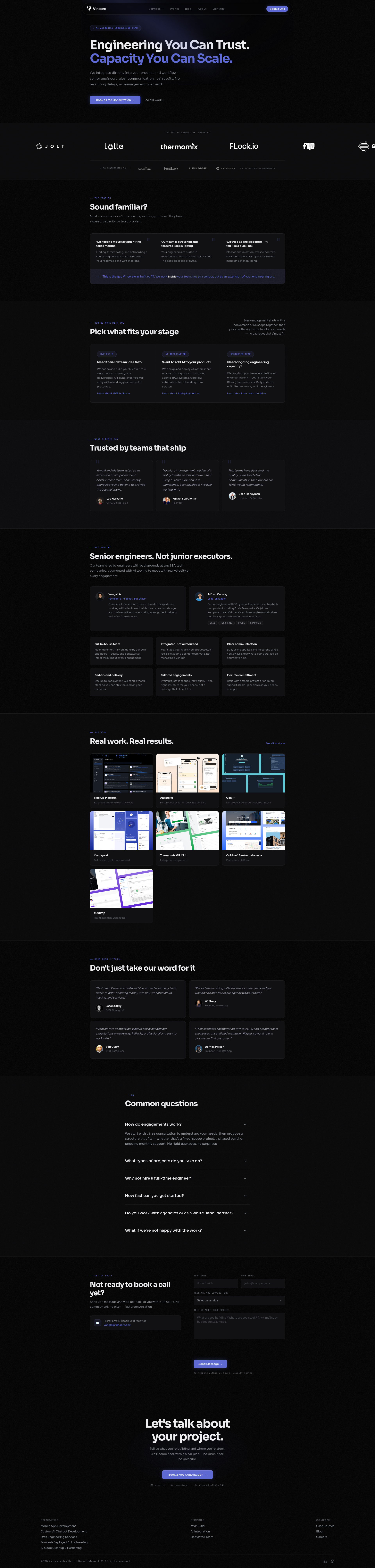 Landing page screenshot for vincere.dev, 1920 by 8029 pixels