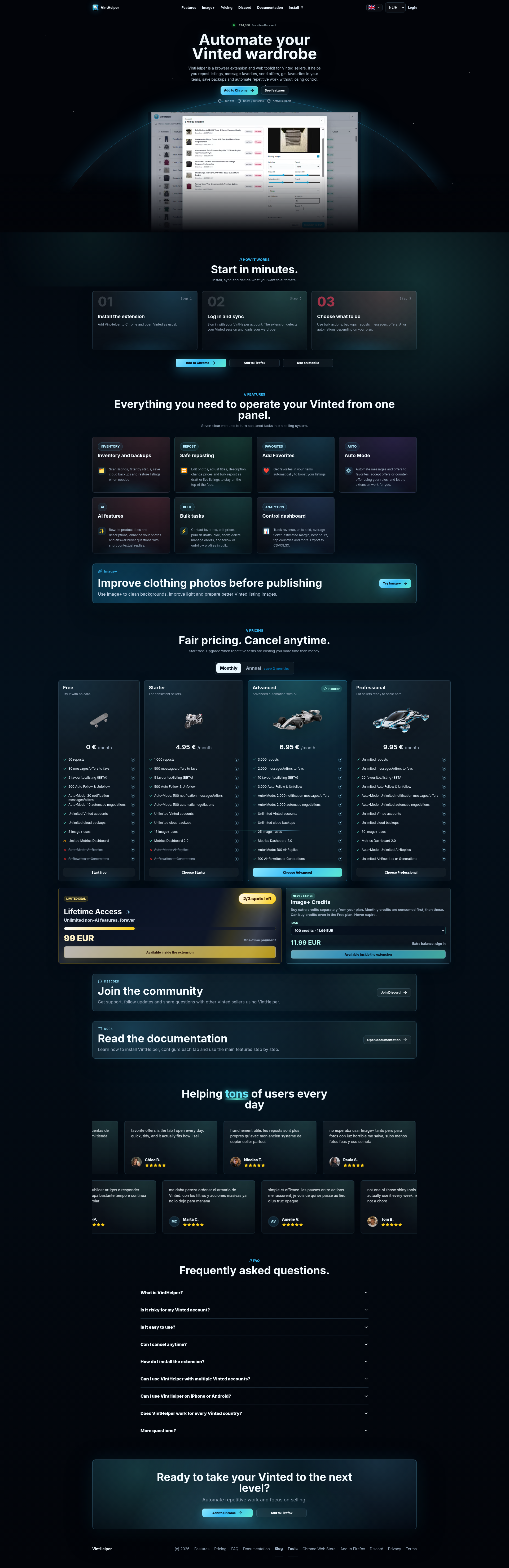 Landing page screenshot for vinthelper.app, 1920 by 5910 pixels