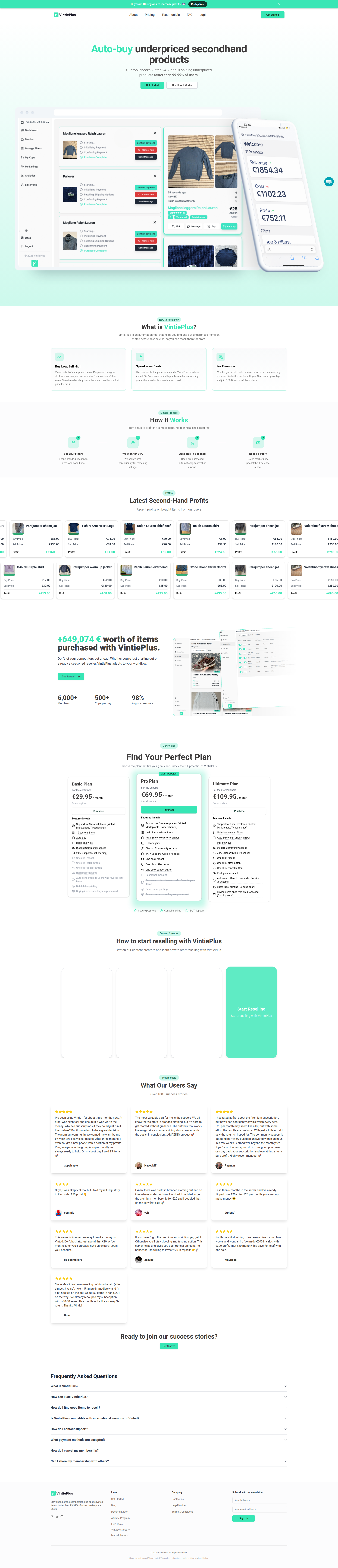 Landing page screenshot for vintieplus.com, 1920 by 8916 pixels