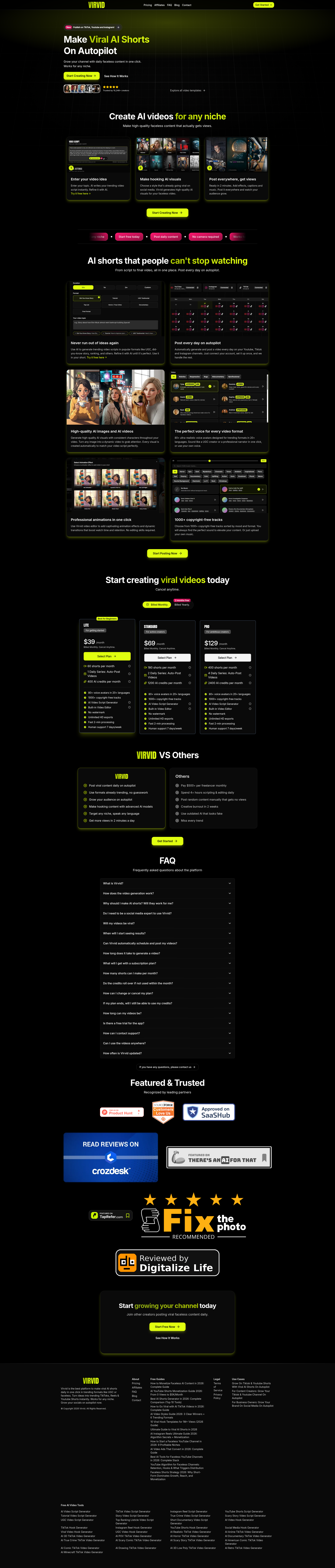 Landing page screenshot for virvid.ai, 1910 by 8943 pixels