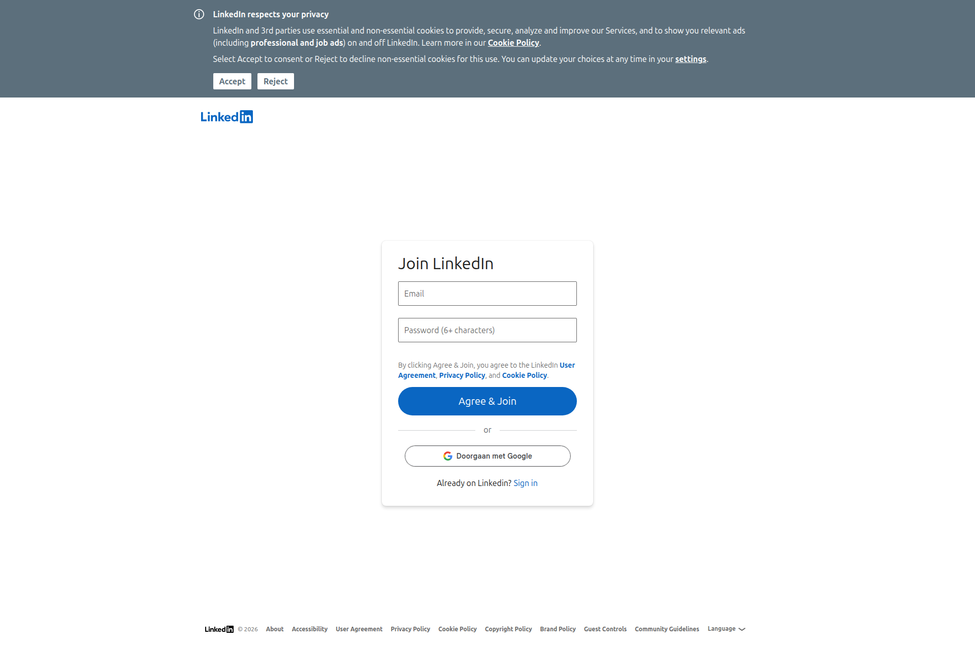 Landing page screenshot for linkedin.com, 1920 by 1272 pixels