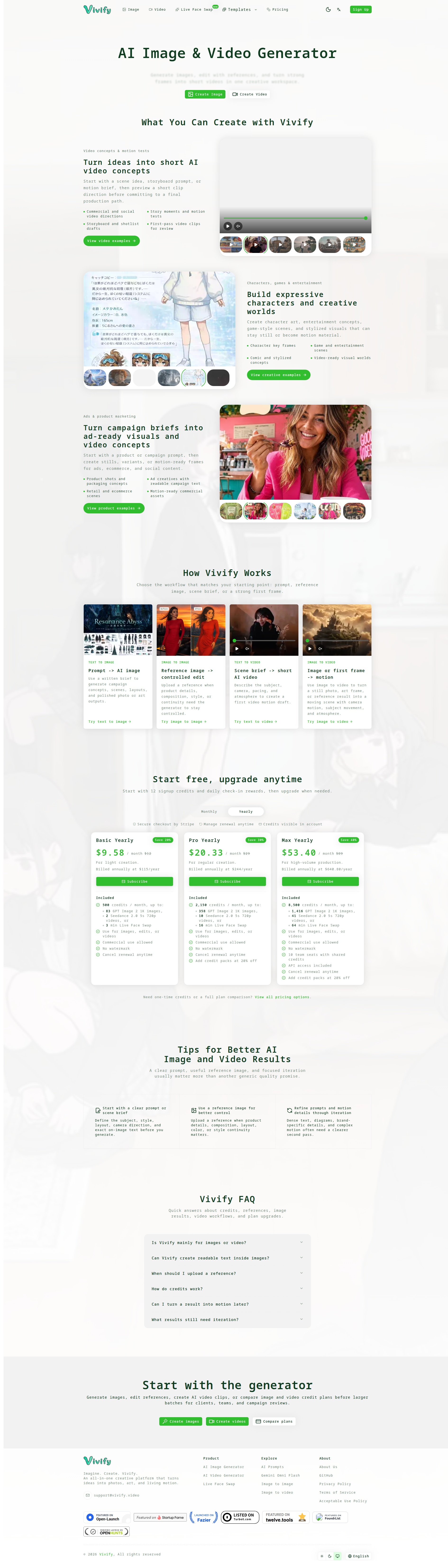 Landing page screenshot for vivify.video, 1890 by 6621 pixels