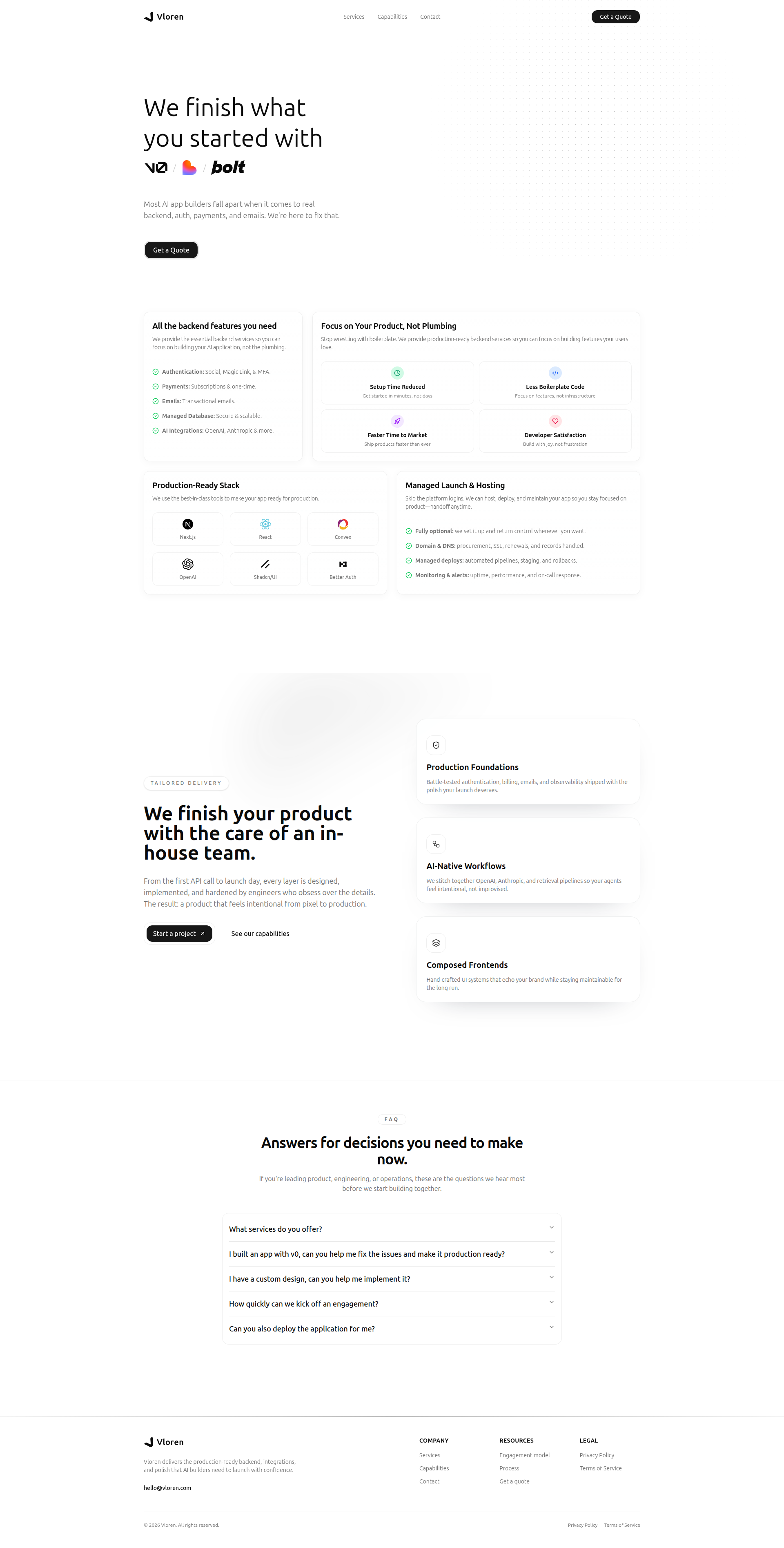 Landing page screenshot for vloren.com, 1920 by 3789 pixels