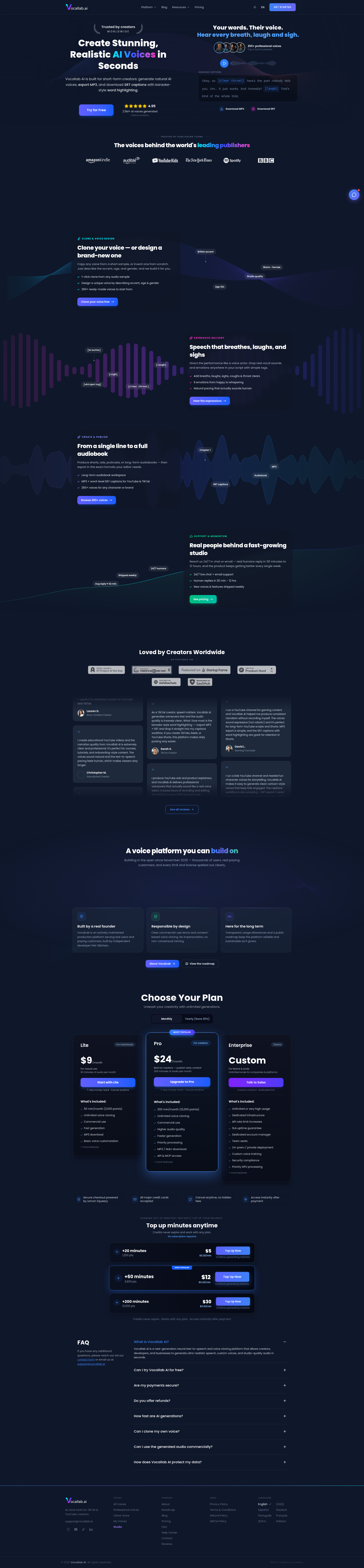 Landing page screenshot for vocallab.ai, 1920 by 8277 pixels