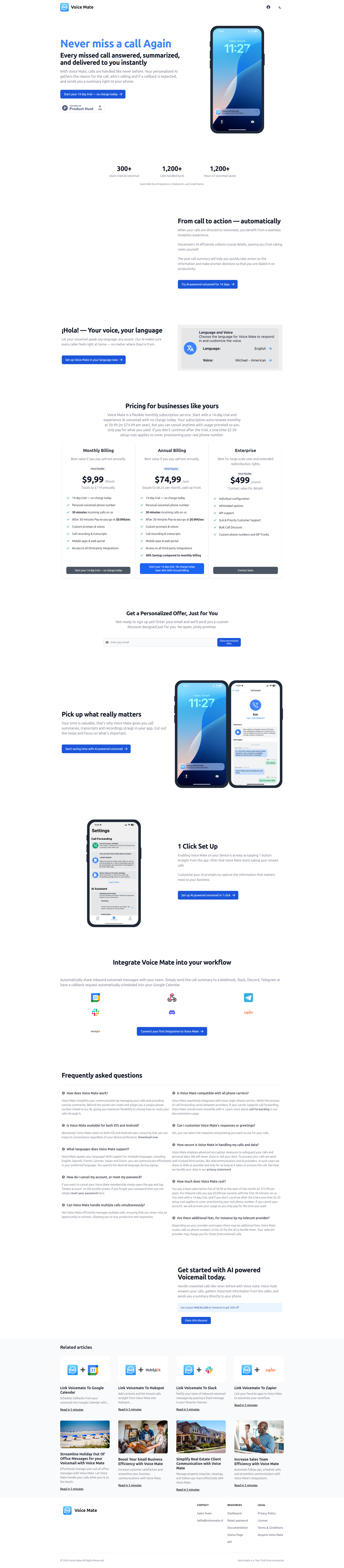 Landing page screenshot for voicemate.us, 1920 by 8742 pixels