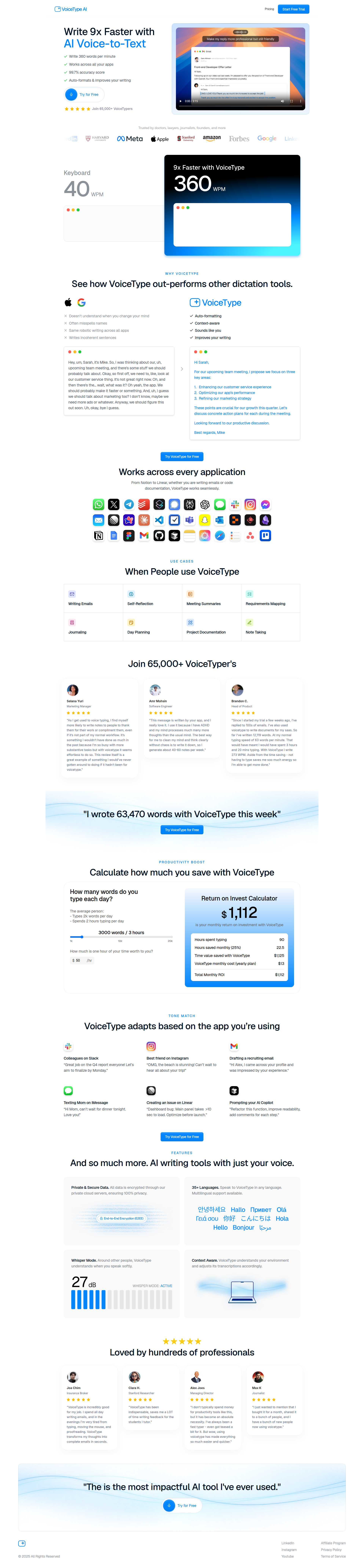 Landing page screenshot for voicetype.com, 1920 by 8262 pixels