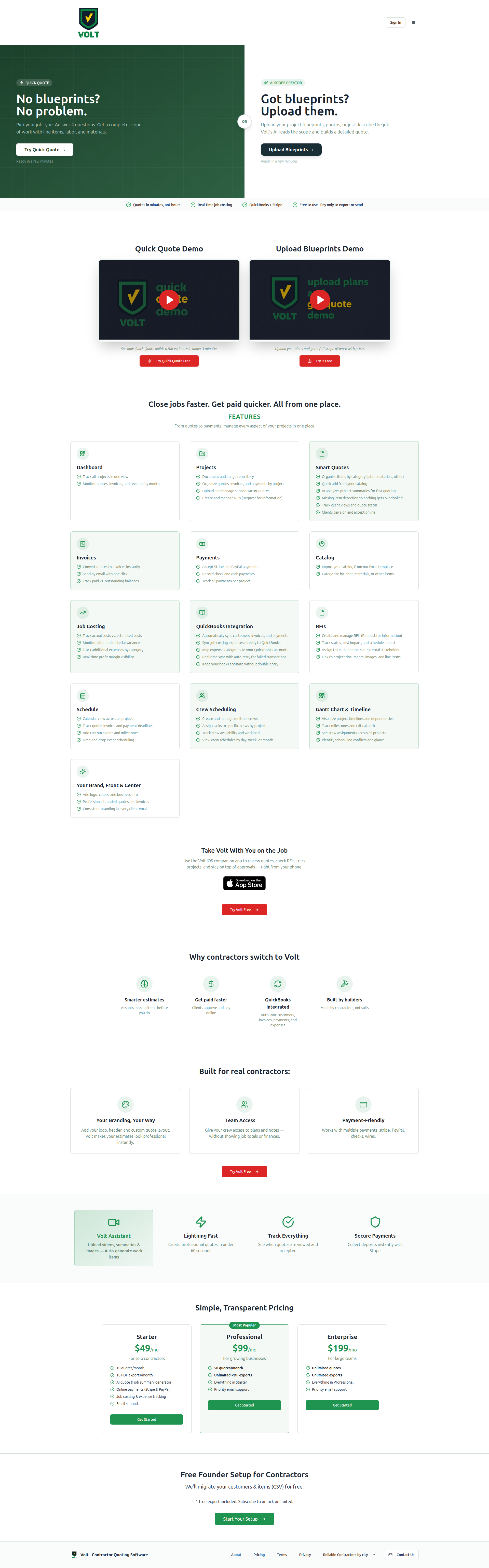 Landing page screenshot for voltquotes.com, 1920 by 6155 pixels
