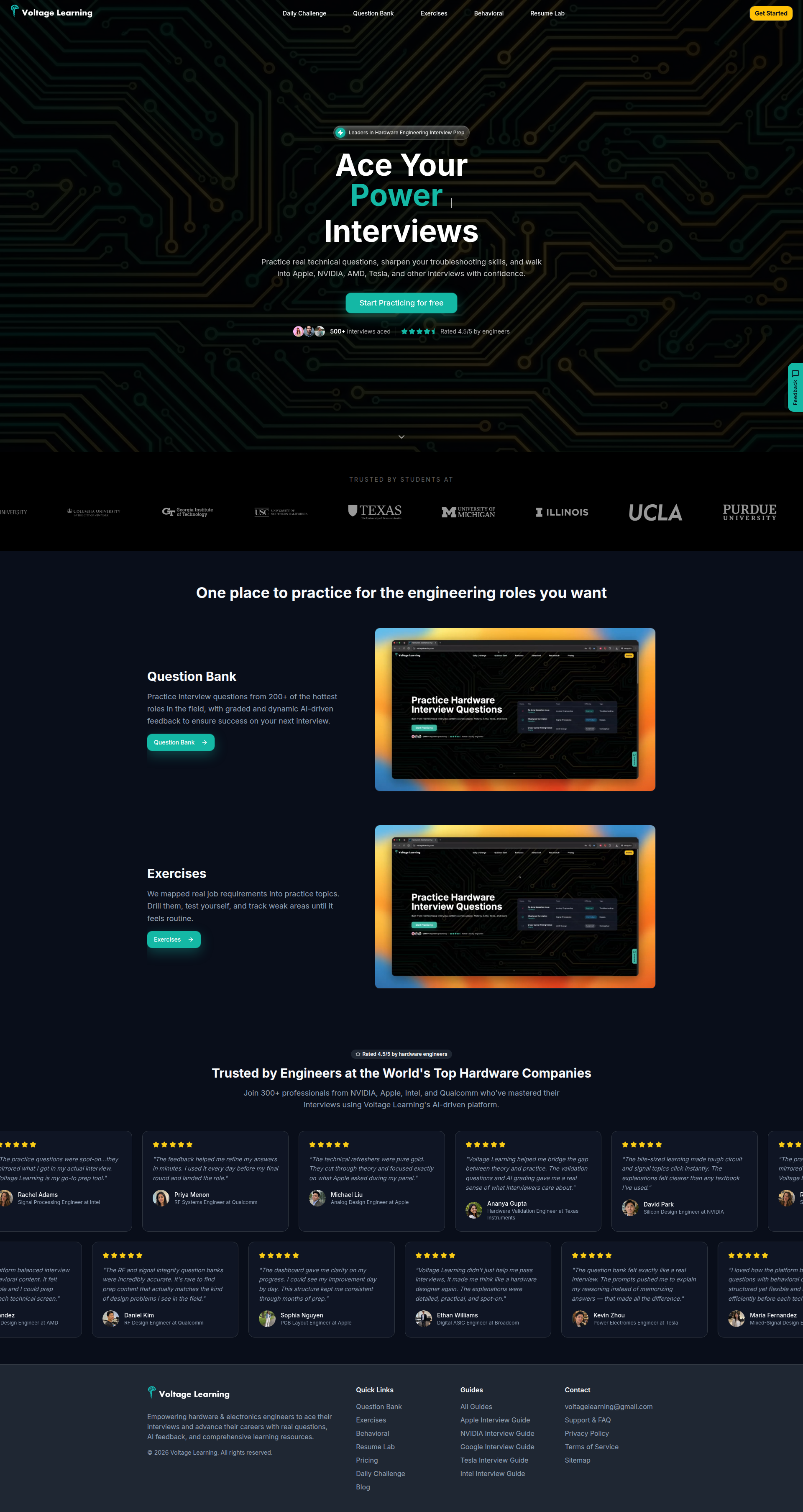Landing page screenshot for voltagelearning.com, 1920 by 3613 pixels