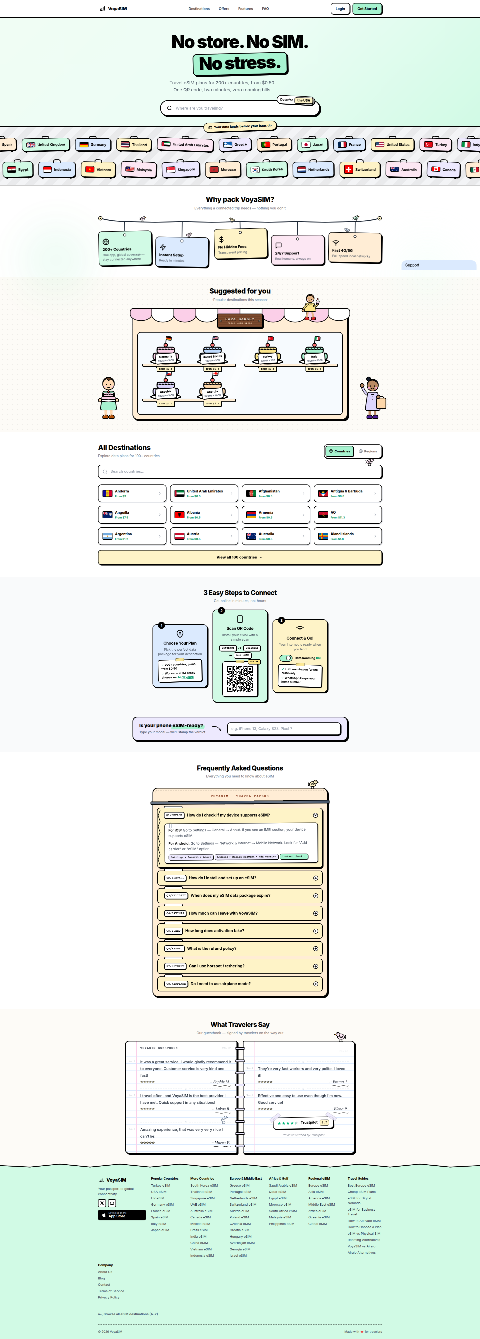Landing page screenshot for voyasim.io, 1920 by 5351 pixels