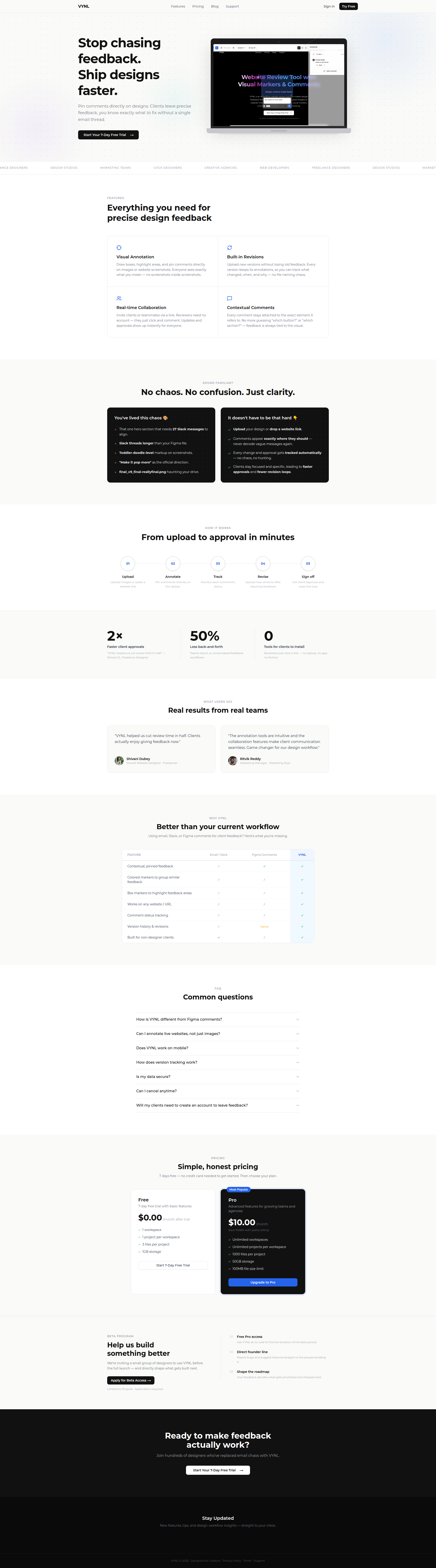 Landing page screenshot for vynl.in, 1920 by 6895 pixels
