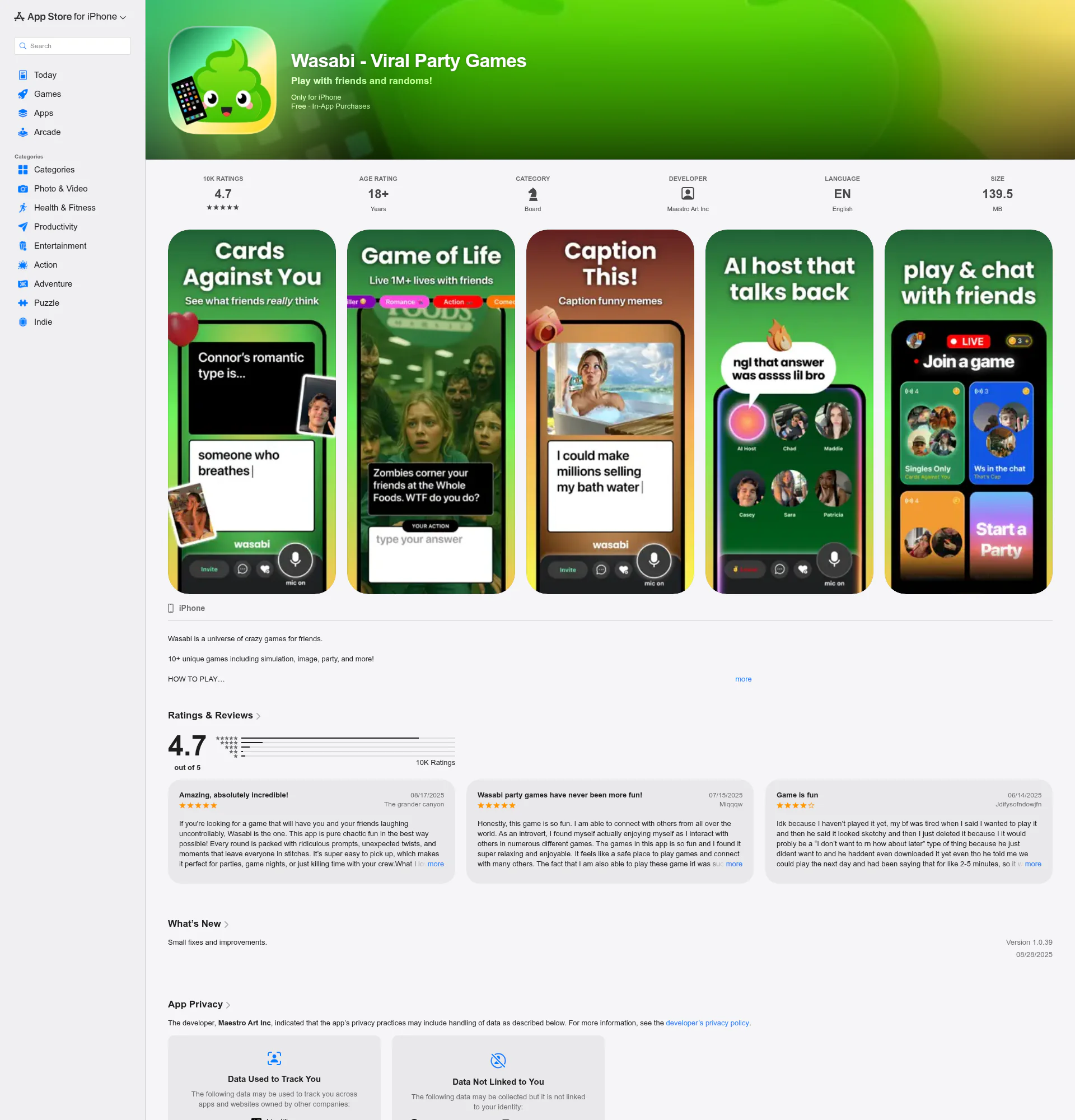 Wasabi: Multiplayer AI Party Games landing page