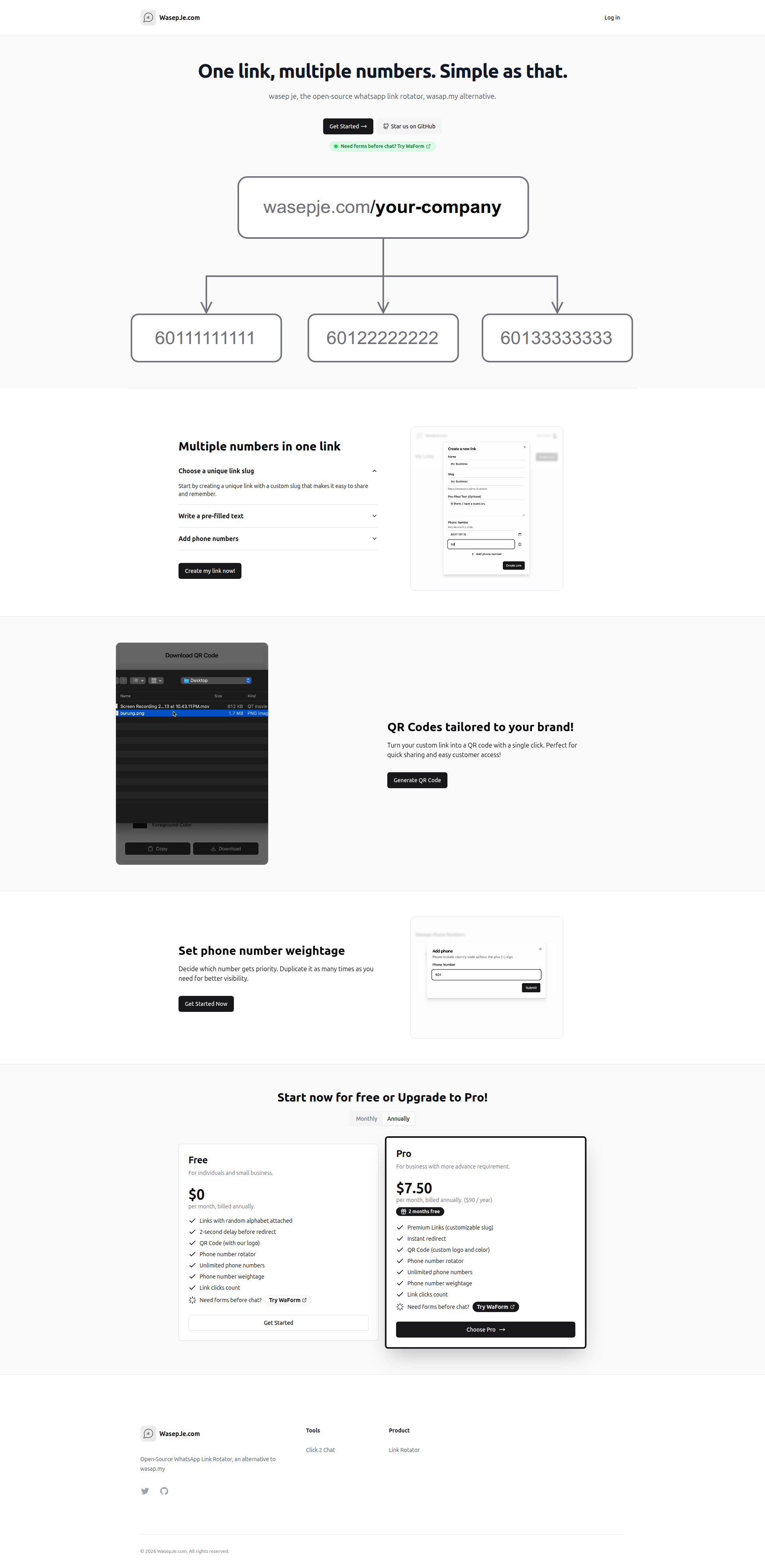 Landing page screenshot for wasepje.com, 1920 by 3933 pixels