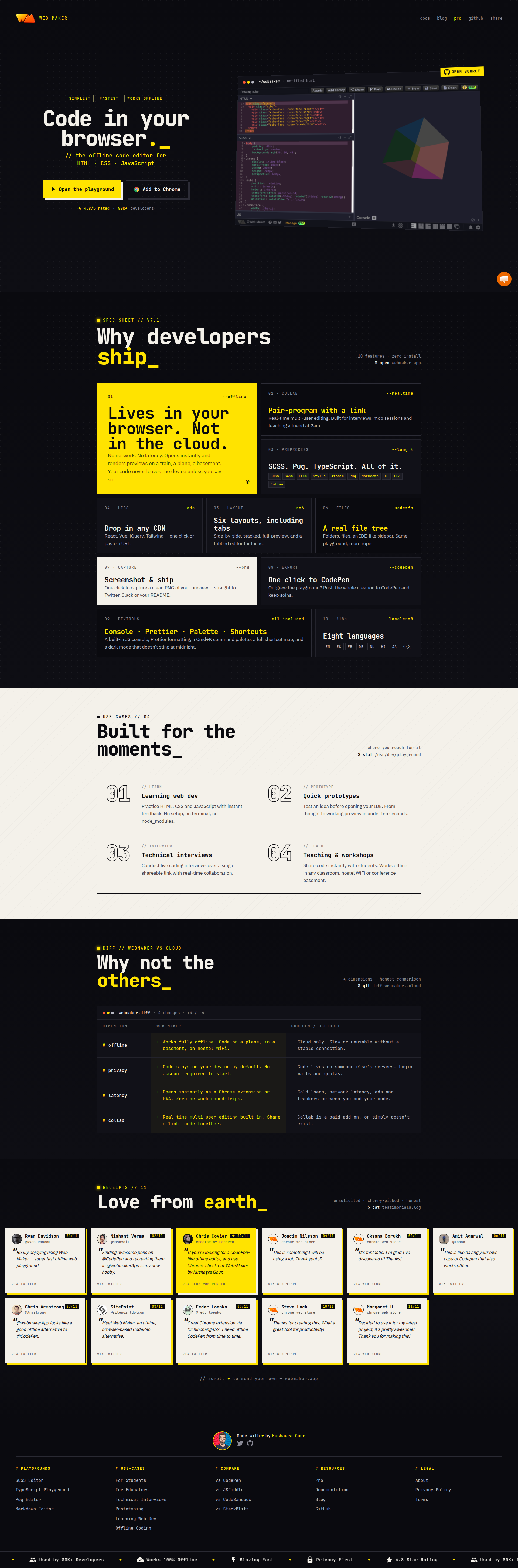 Landing page screenshot for webmaker.app, 1920 by 5805 pixels
