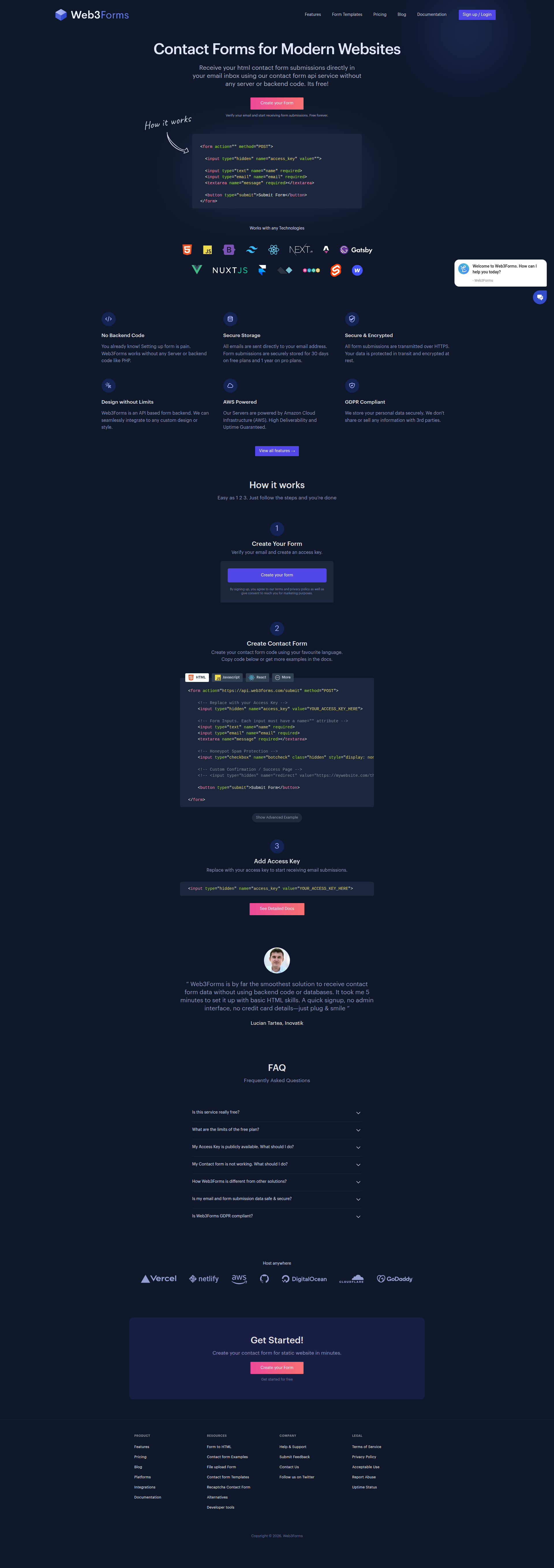Landing page screenshot for web3forms.com, 1920 by 5438 pixels