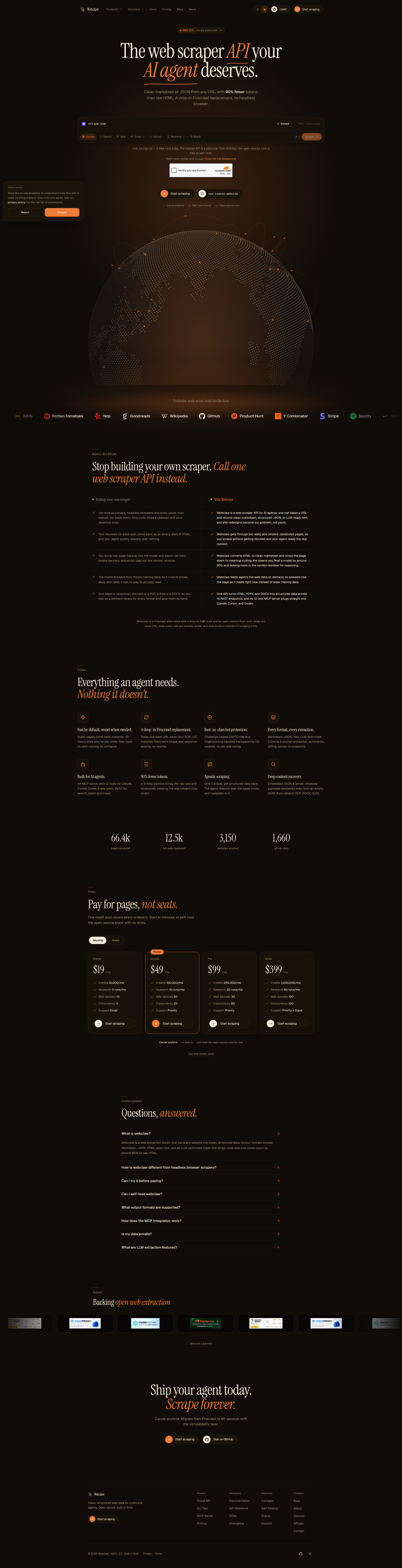 Landing page screenshot for webclaw.io, 1920 by 7491 pixels