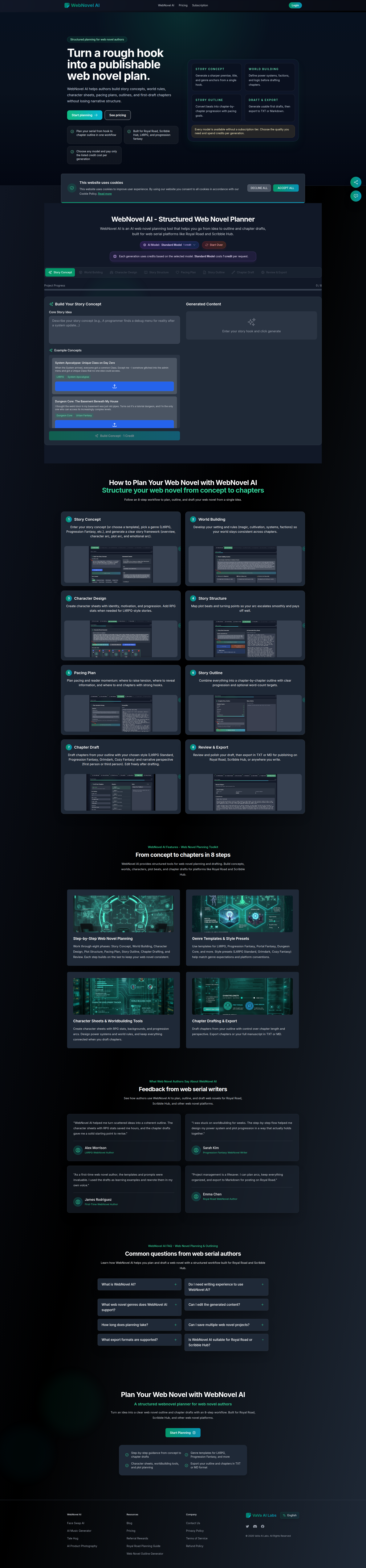 Landing page screenshot for webnovelai.io, 1920 by 8215 pixels