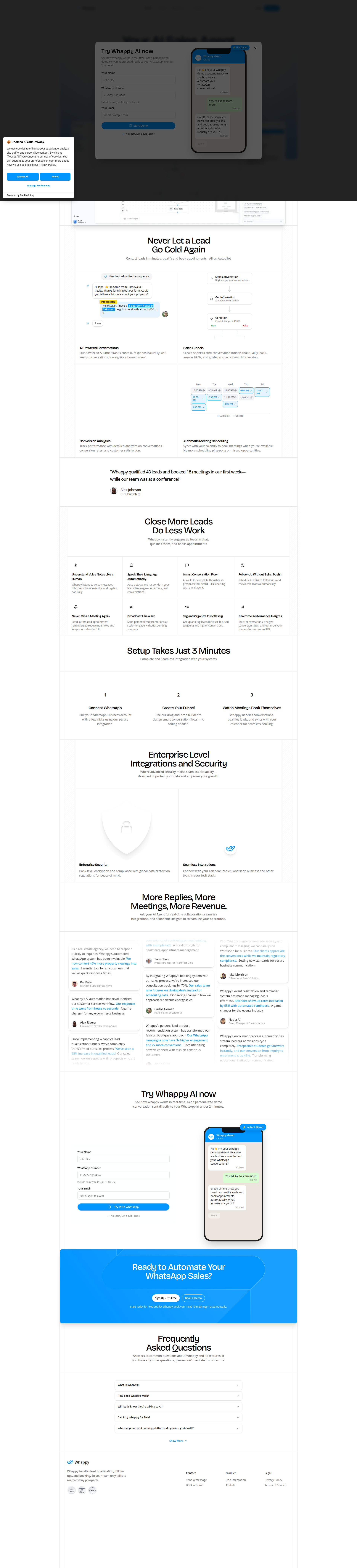 Landing page screenshot for whappy.ai, 1920 by 8422 pixels