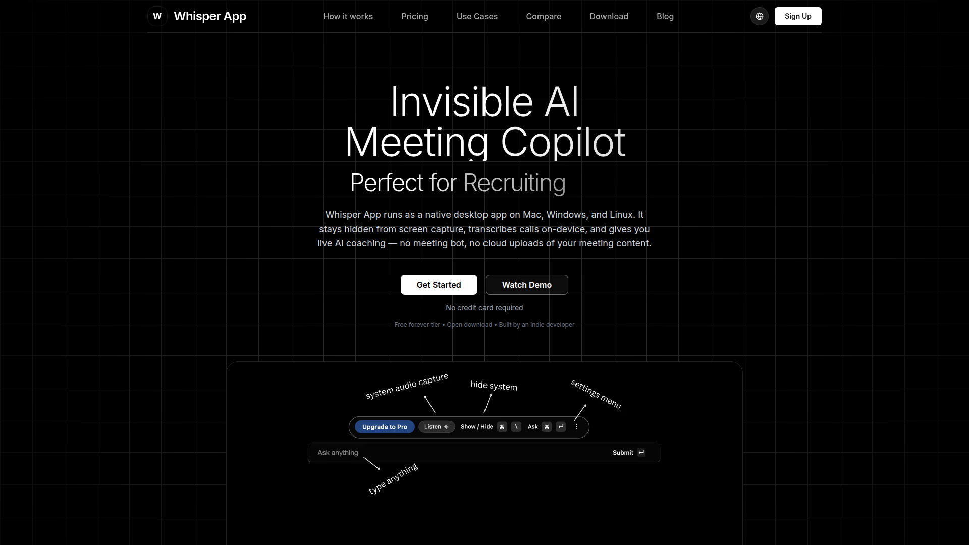Landing page screenshot for app-whisper.com, 1920 by 1080 pixels