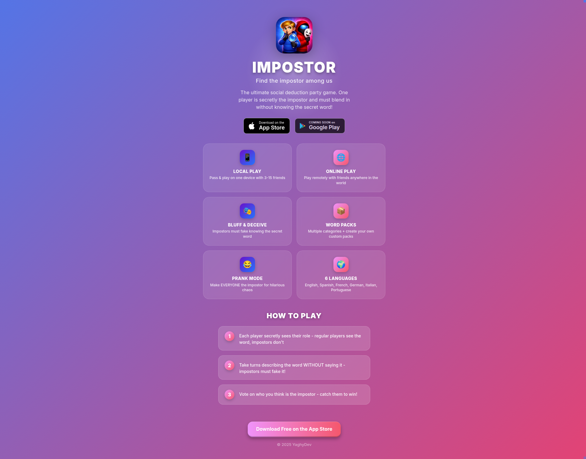 Landing page screenshot for whostheimpostor.app, 1928 by 1510 pixels