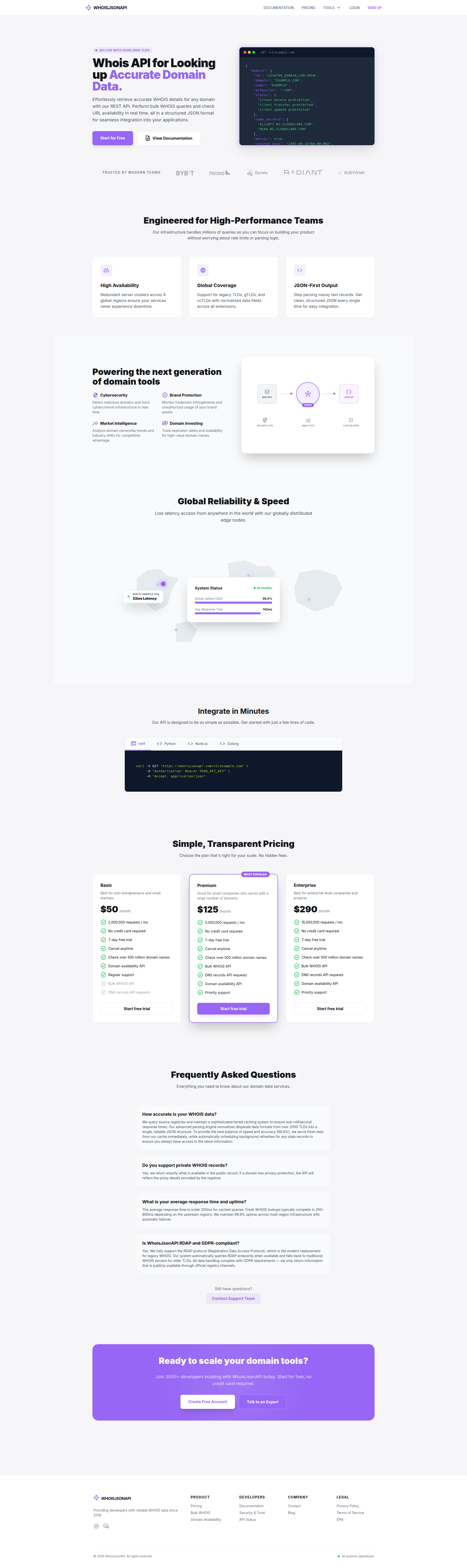 Landing page screenshot for whoisjsonapi.com, 1920 by 6445 pixels