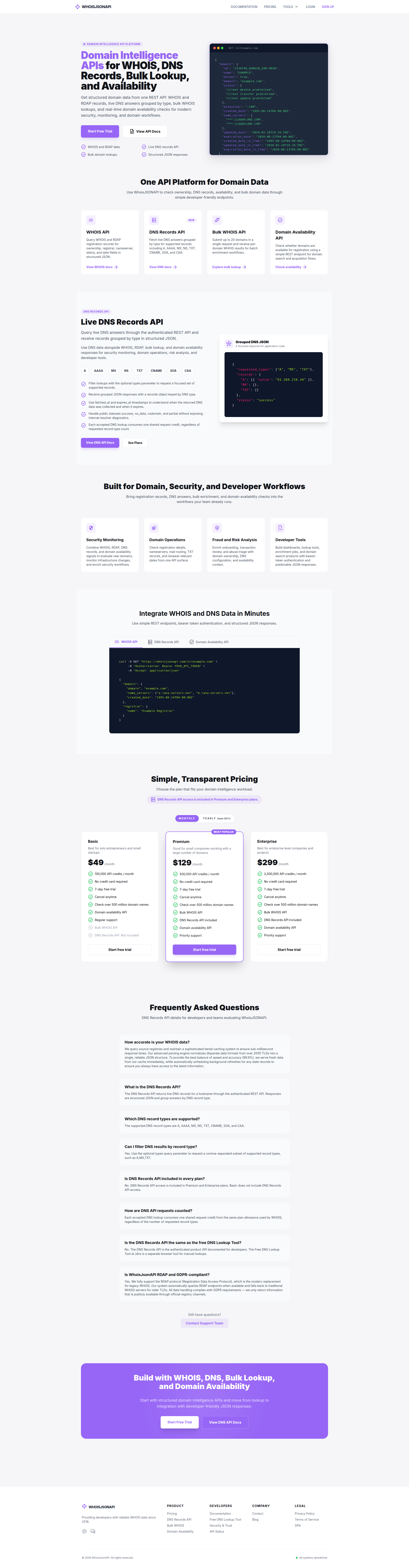 Landing page screenshot for whoisjsonapi.com, 1920 by 7351 pixels