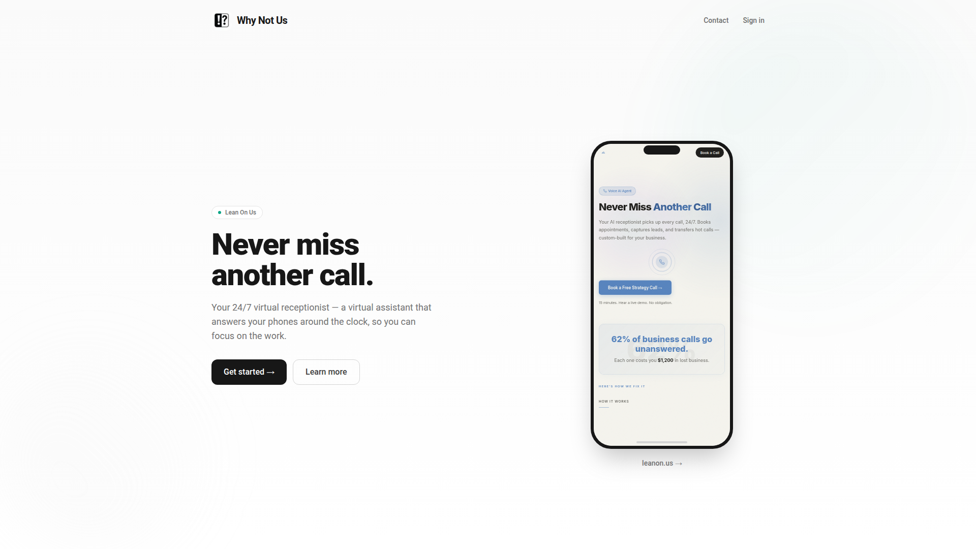 Landing page screenshot for whynotus.ai, 1920 by 1080 pixels