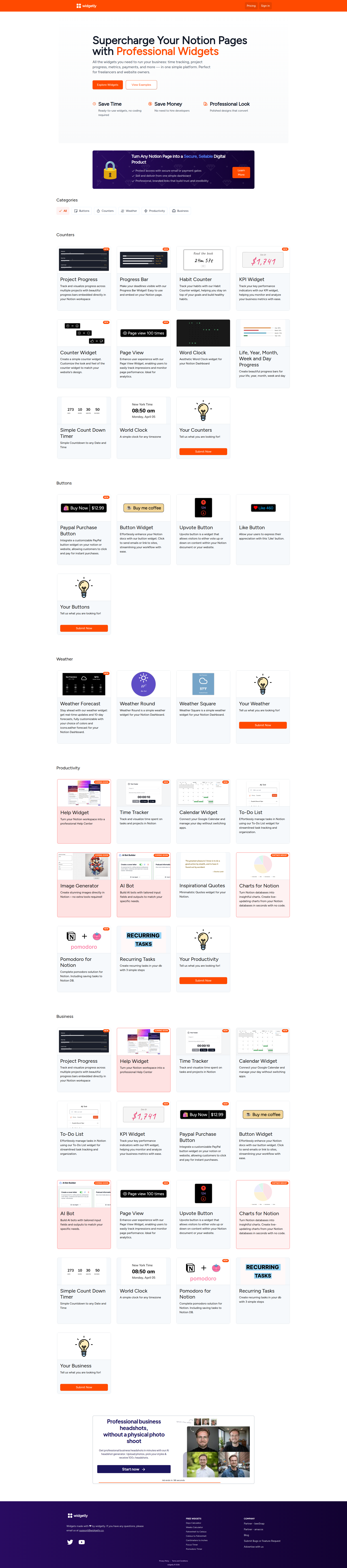 Landing page screenshot for widgetly.co, 1920 by 8670 pixels