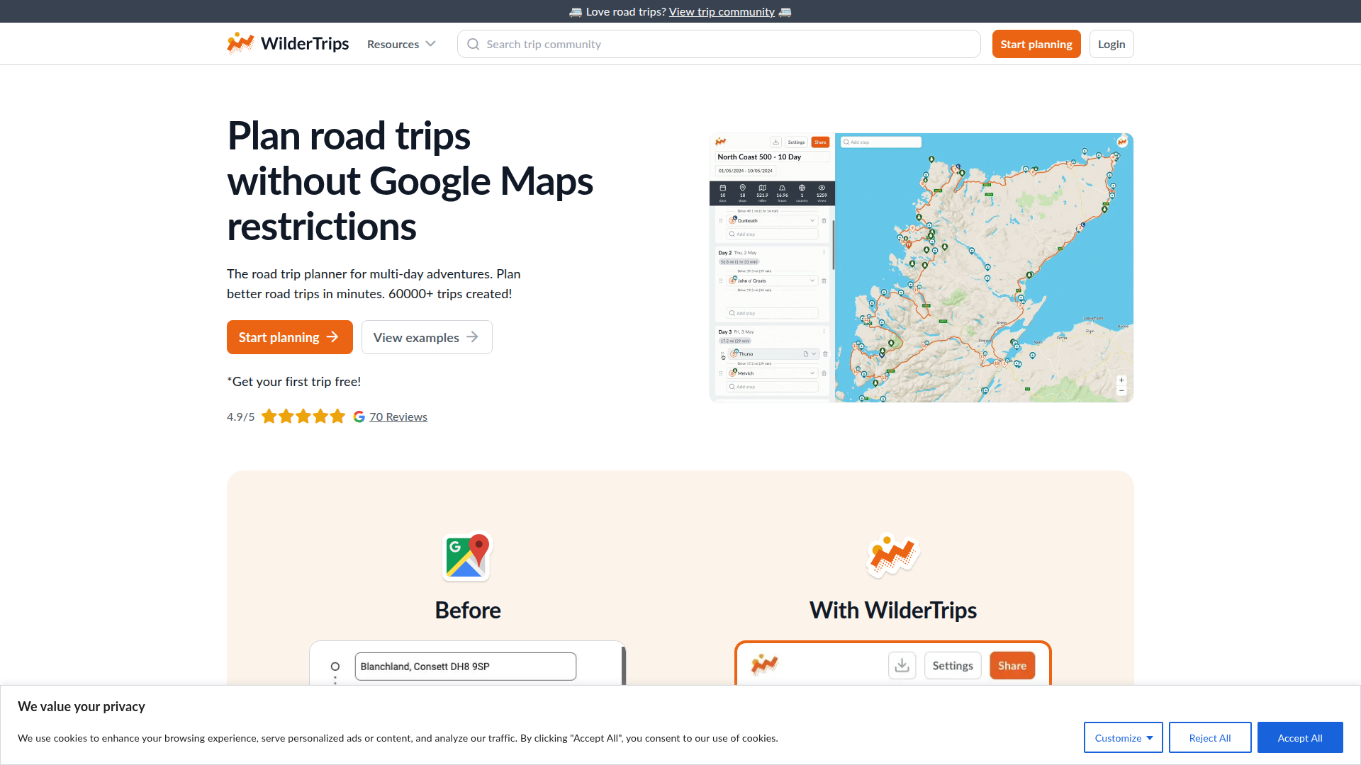 Landing page screenshot for wildertrips.com, 1920 by 1080 pixels