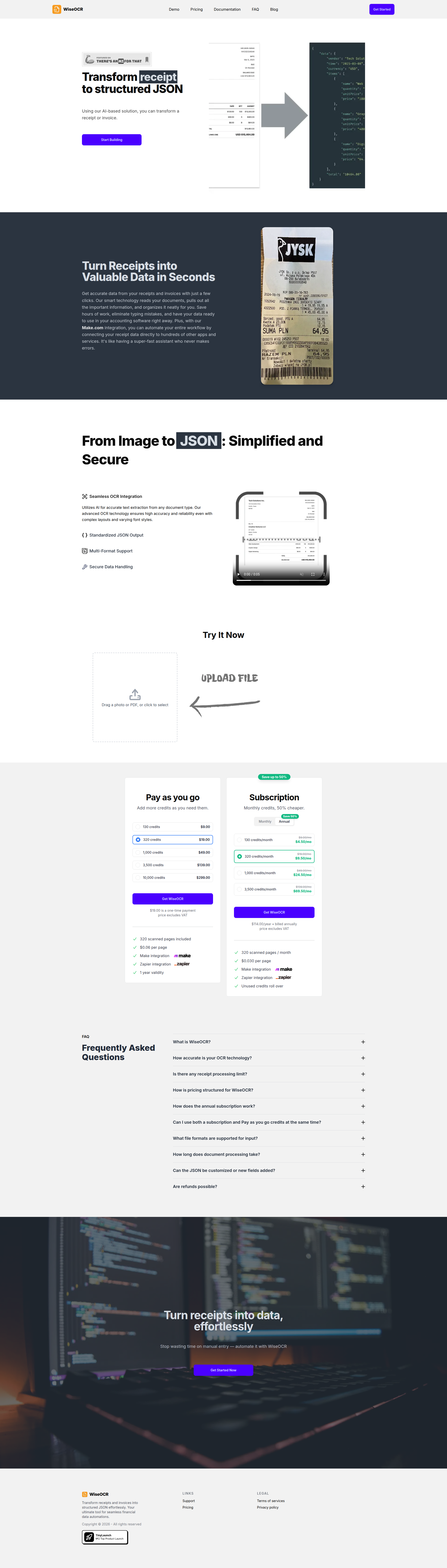 Landing page screenshot for wiseocr.com, 1920 by 6730 pixels