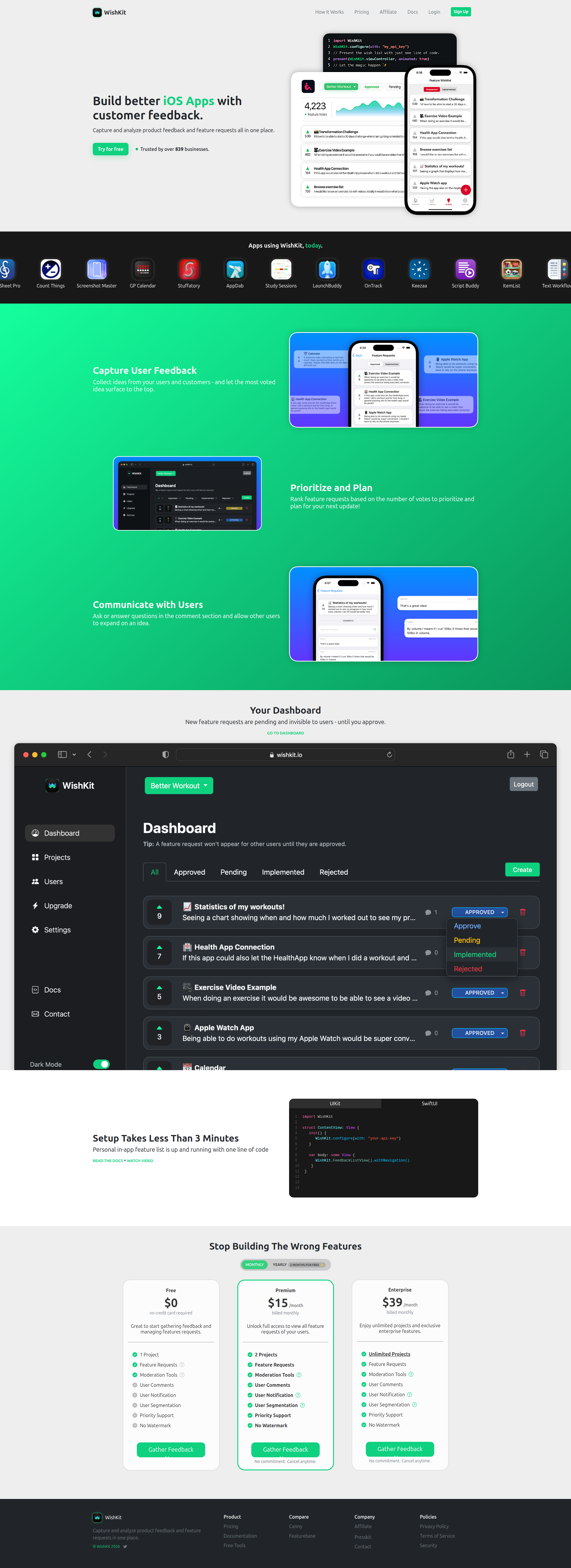 Landing page screenshot for wishkit.io, 1920 by 5269 pixels