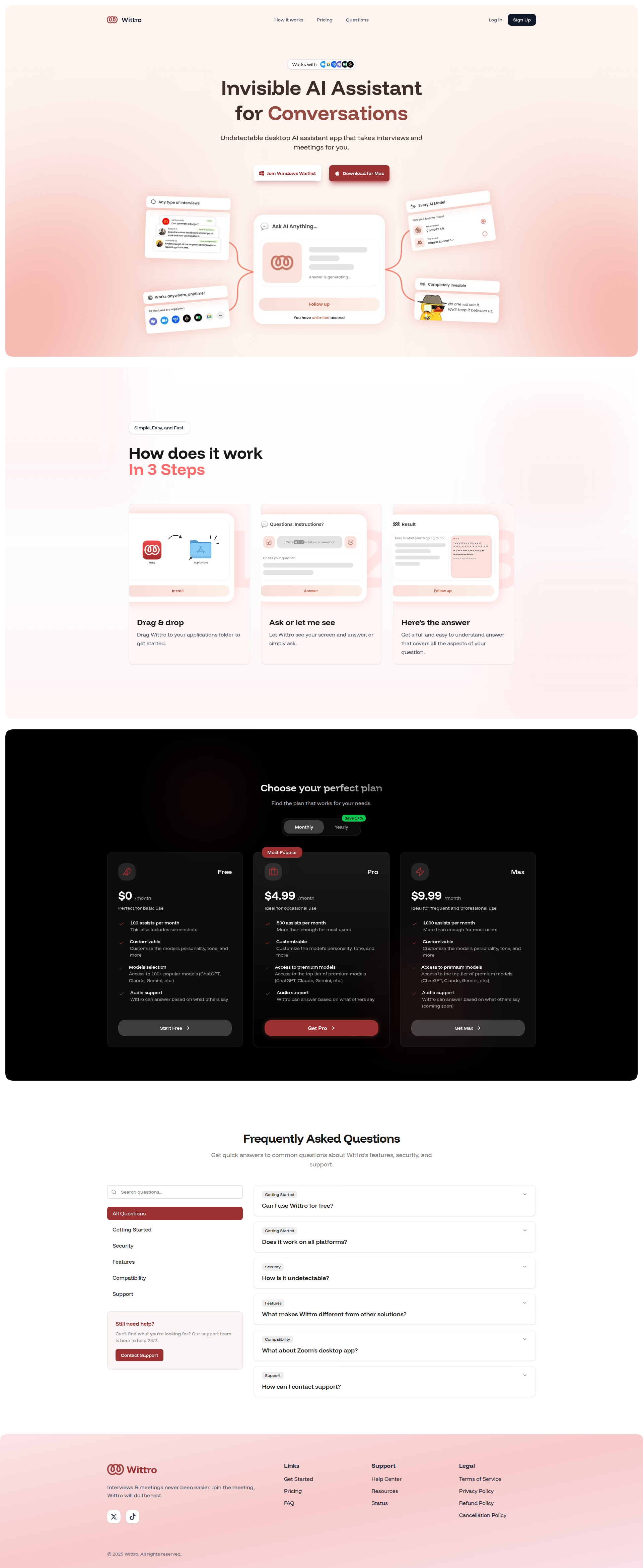 Landing page screenshot for wittro.com, 1920 by 4678 pixels