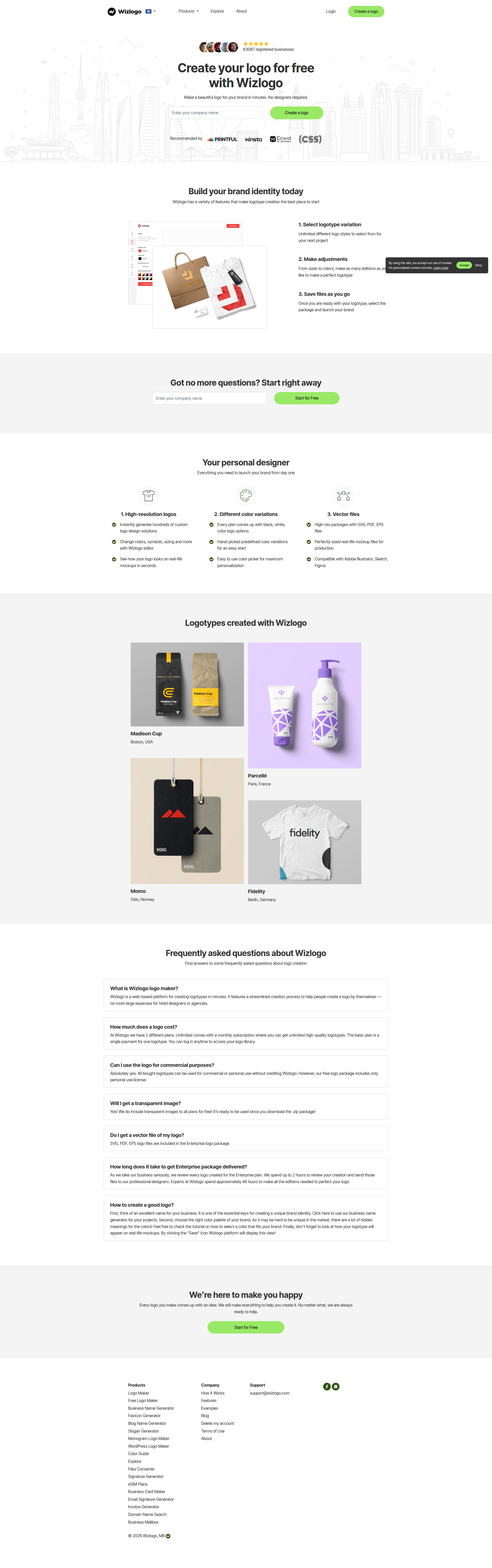 Landing page screenshot for wizlogo.com, 1920 by 6111 pixels