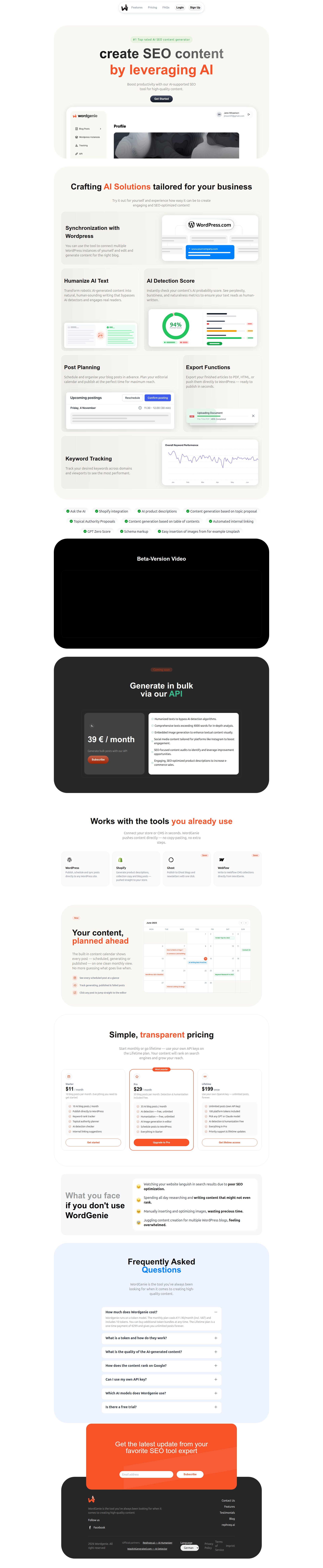 Landing page screenshot for wordgenie.de, 1920 by 9319 pixels