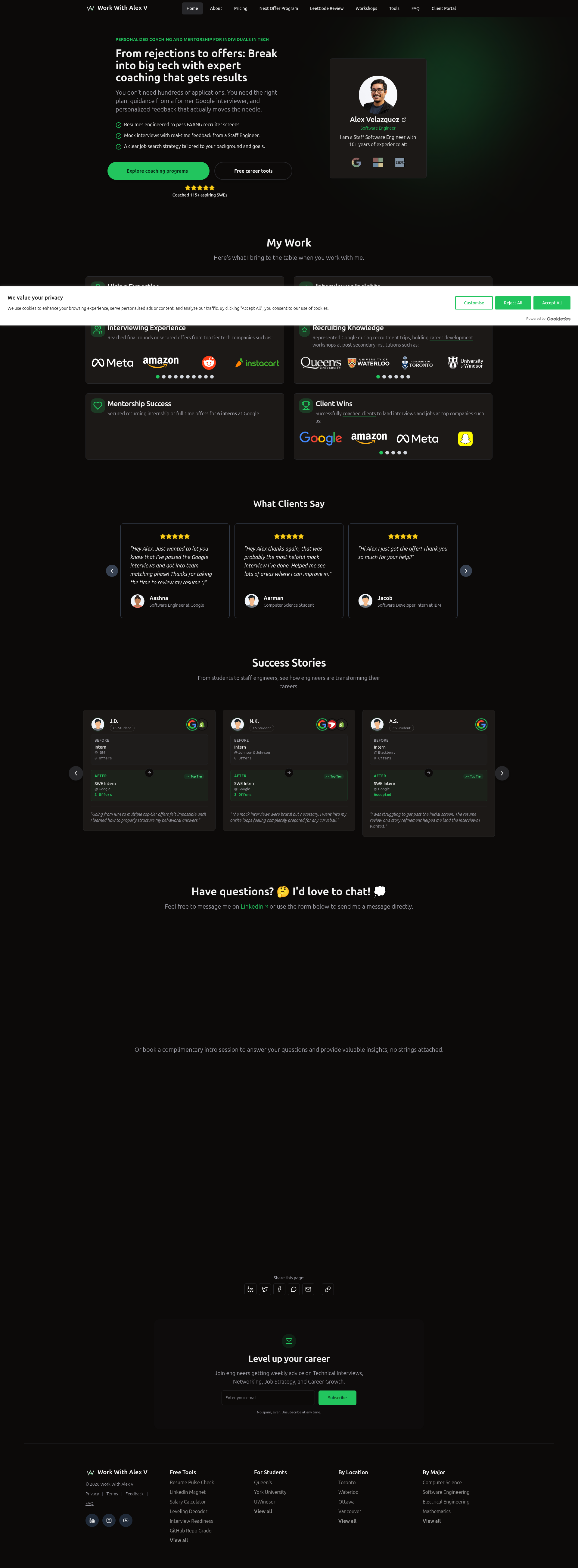 Landing page screenshot for workwithalexv.com, 1920 by 5203 pixels