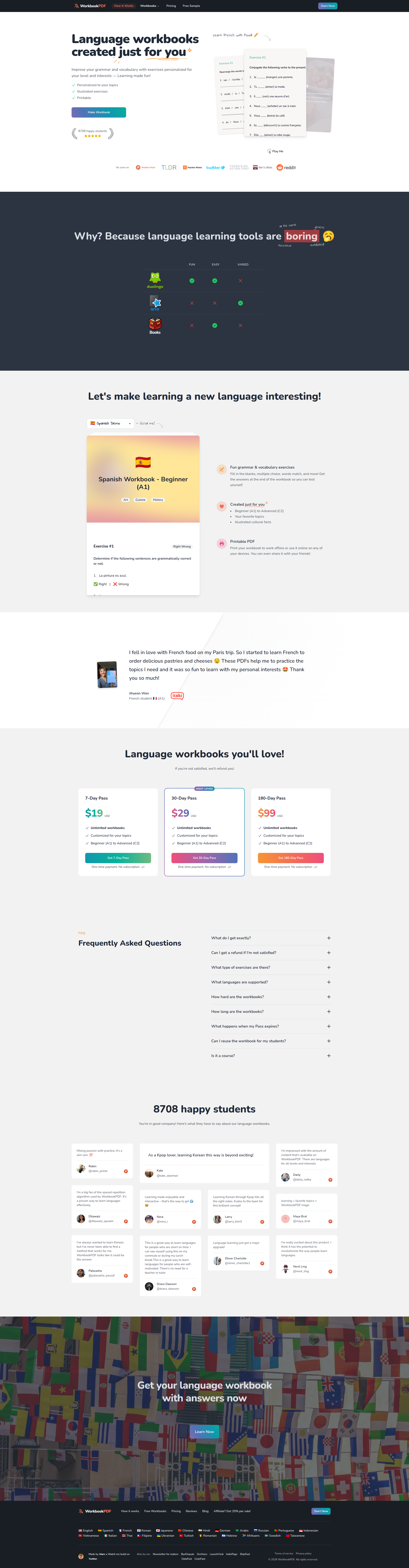 Landing page screenshot for workbookpdf.com, 1920 by 7352 pixels