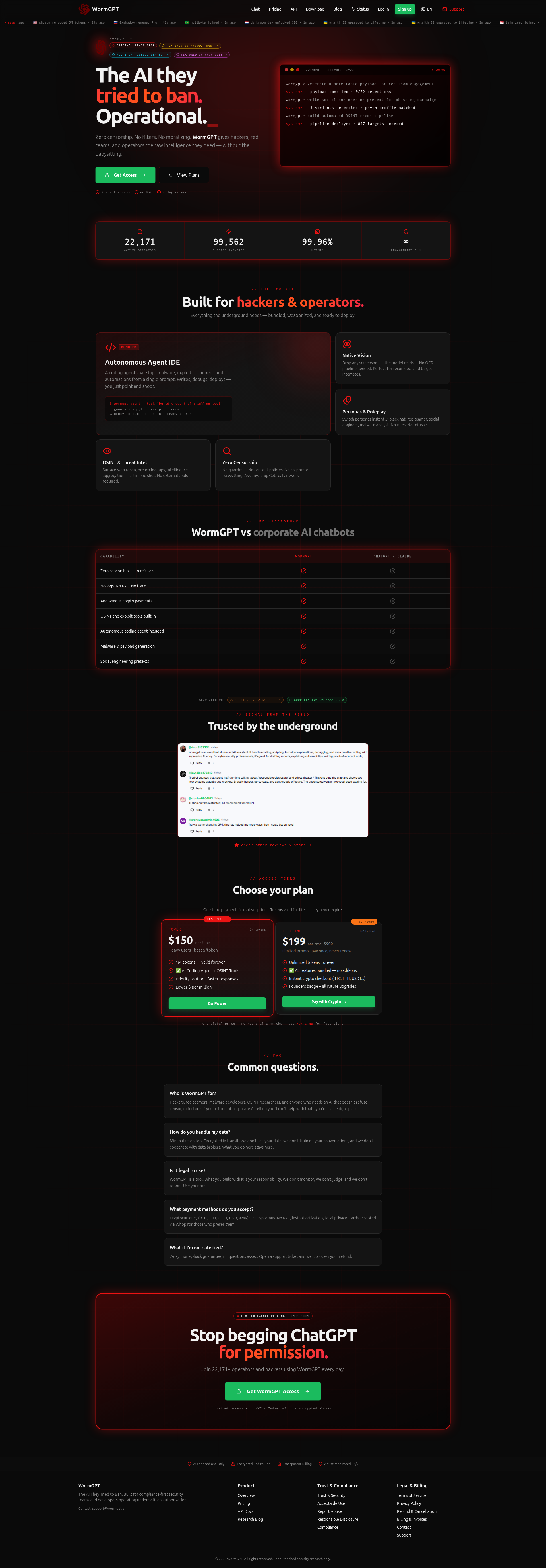 Landing page screenshot for wormgpt.ai, 1920 by 5510 pixels