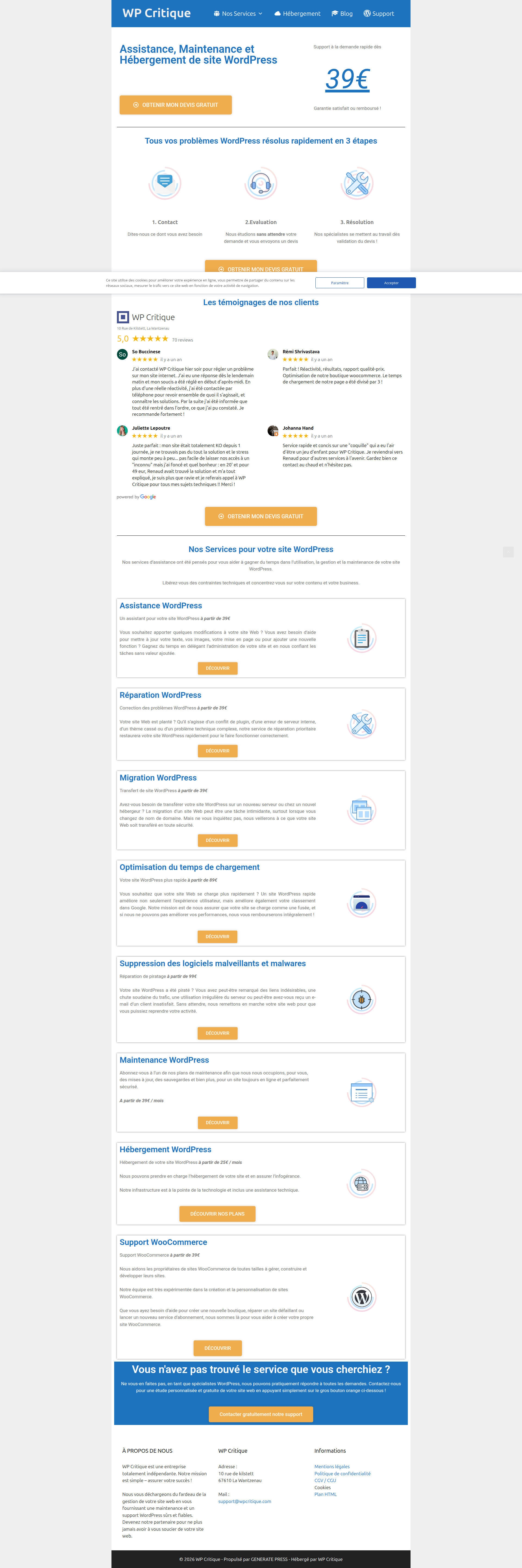 Landing page screenshot for wpcritique.com, 1920 by 5766 pixels