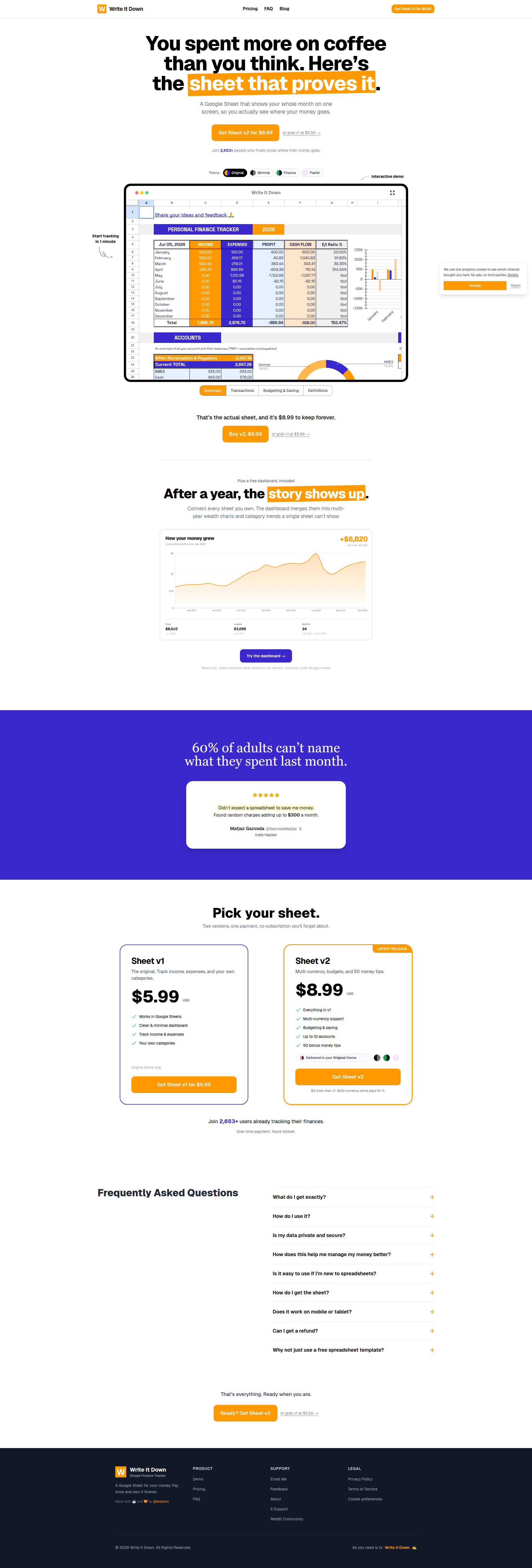 Landing page screenshot for write-it-down.com, 1920 by 5661 pixels