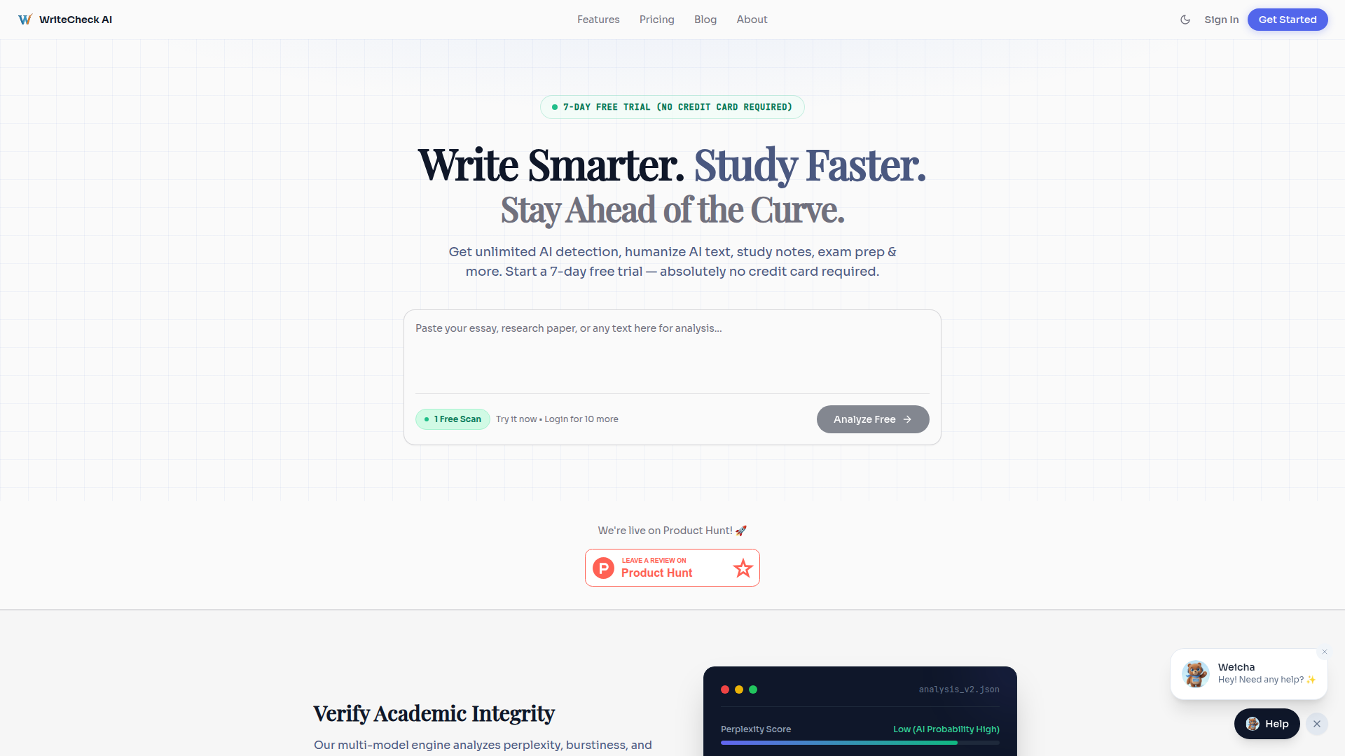 Landing page screenshot for writecheckai.com, 1920 by 1080 pixels