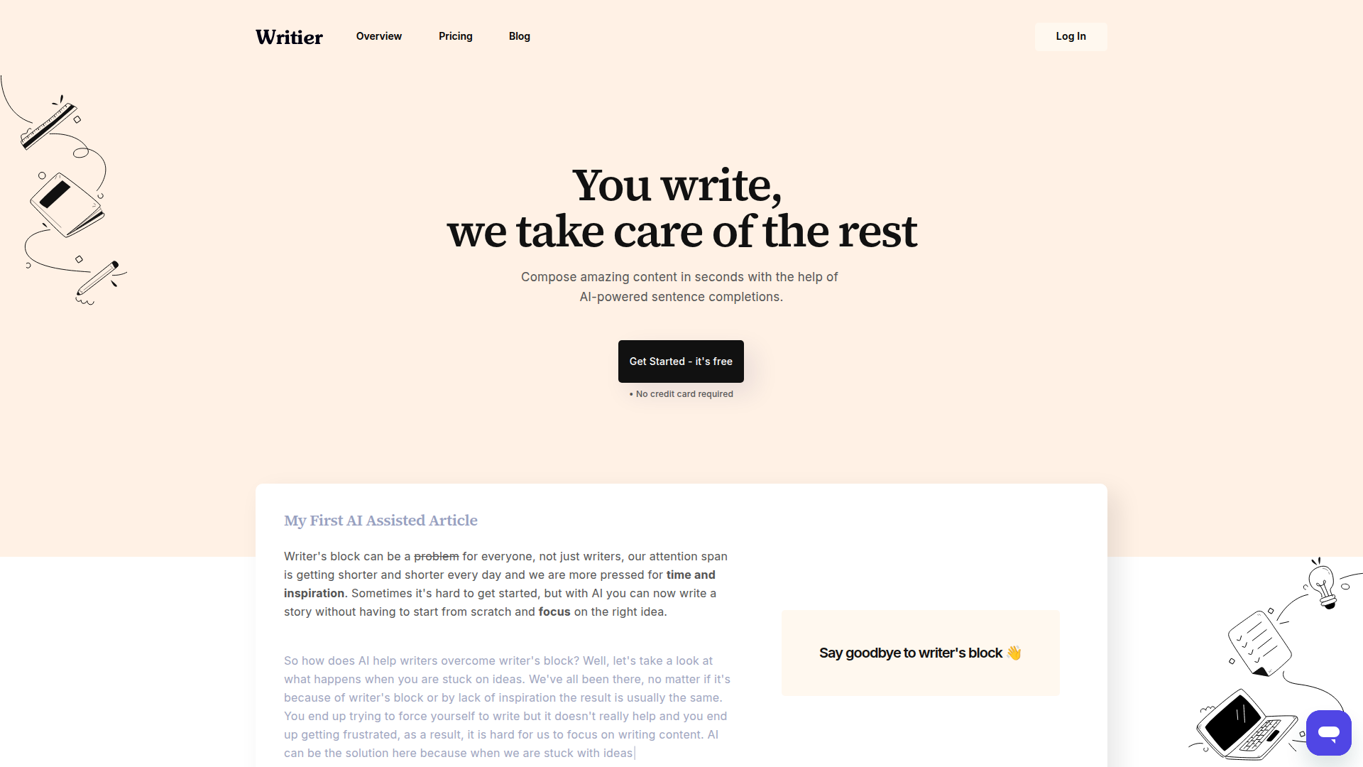 Landing page screenshot for writier.io, 1920 by 1080 pixels
