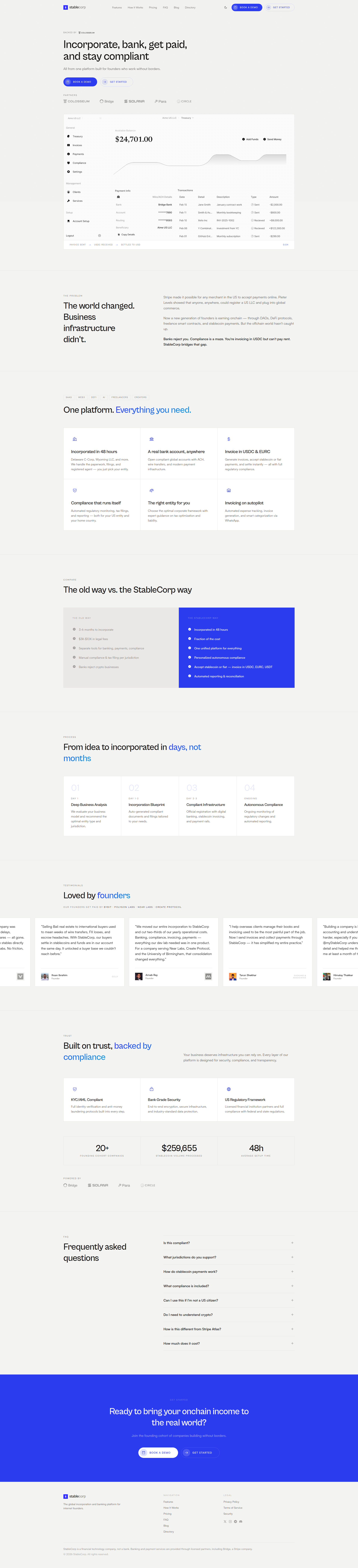 Landing page screenshot for mystablecorp.xyz, 1920 by 8403 pixels