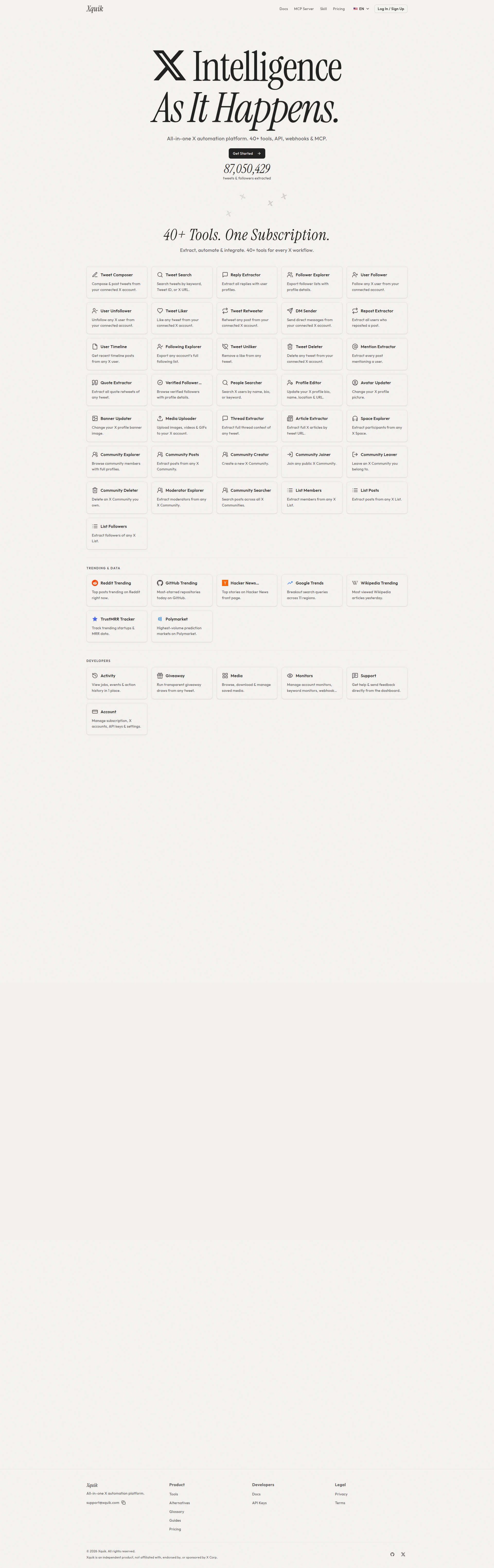 Landing page screenshot for xquik.com, 1920 by 6090 pixels