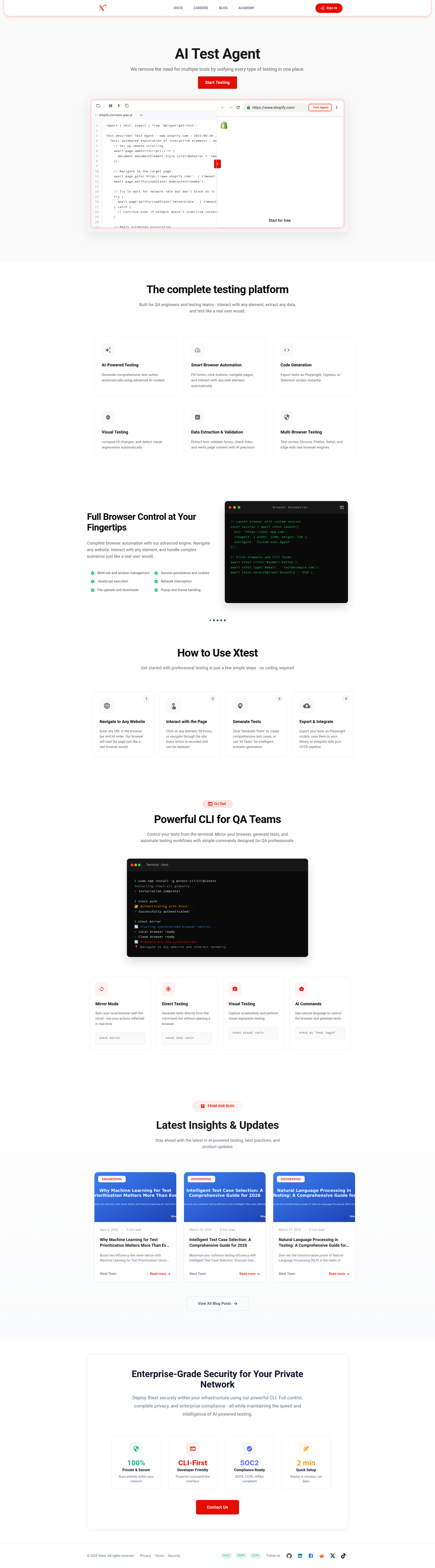 Landing page screenshot for xtest.io, 1920 by 6916 pixels
