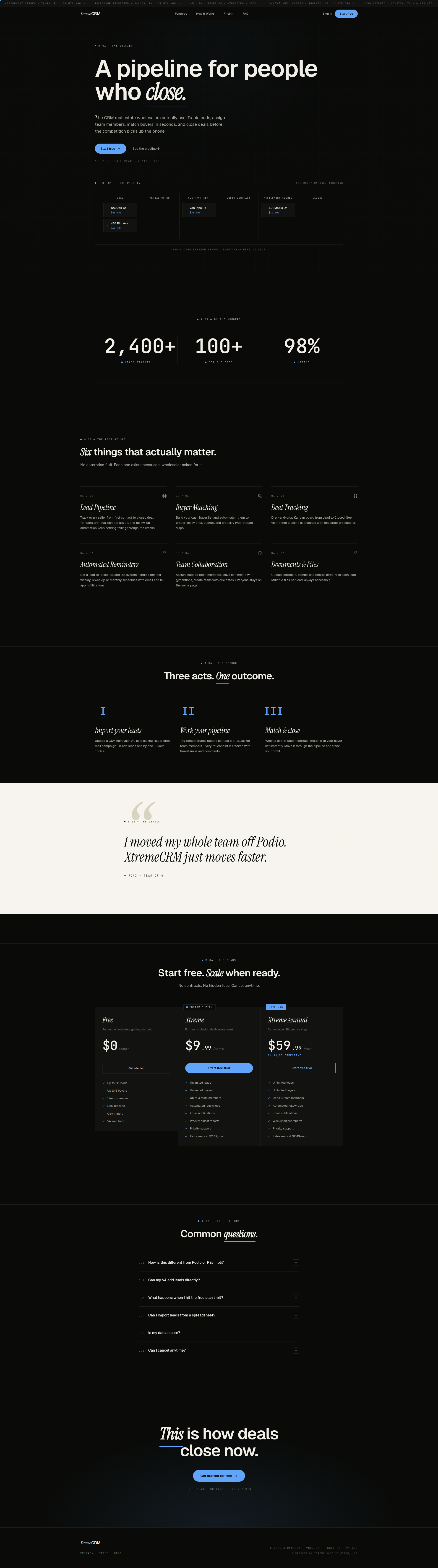 Landing page screenshot for xtremecrm.online, 1920 by 6869 pixels