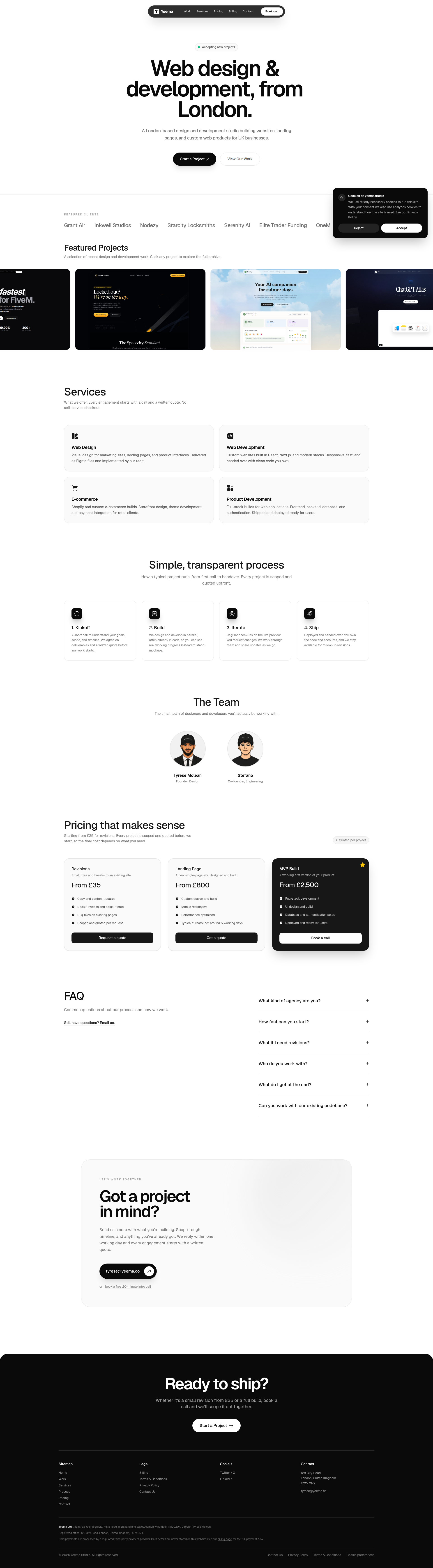 Landing page screenshot for yeema.co, 1920 by 6958 pixels