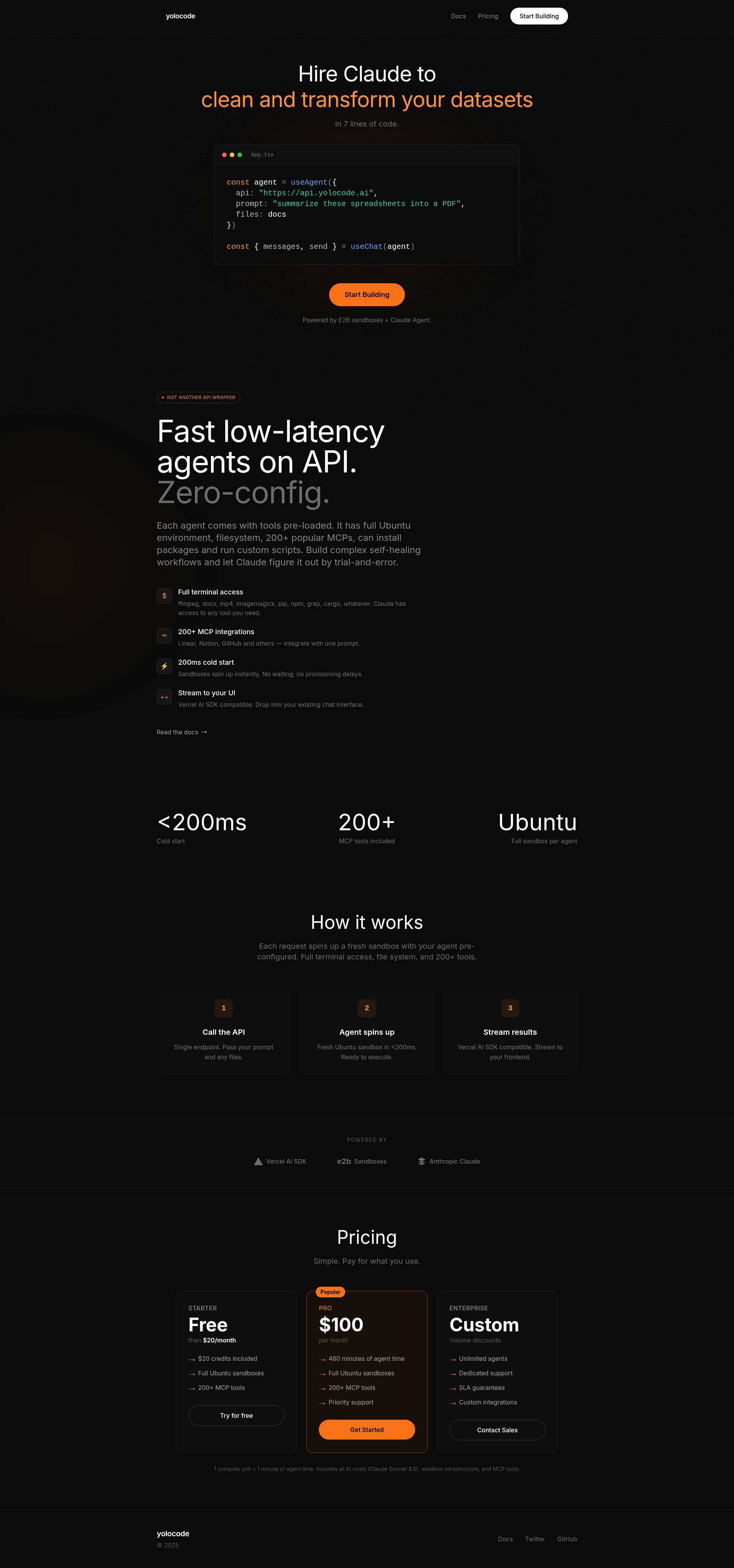 Landing page screenshot for yolocode.ai, 1920 by 4102 pixels
