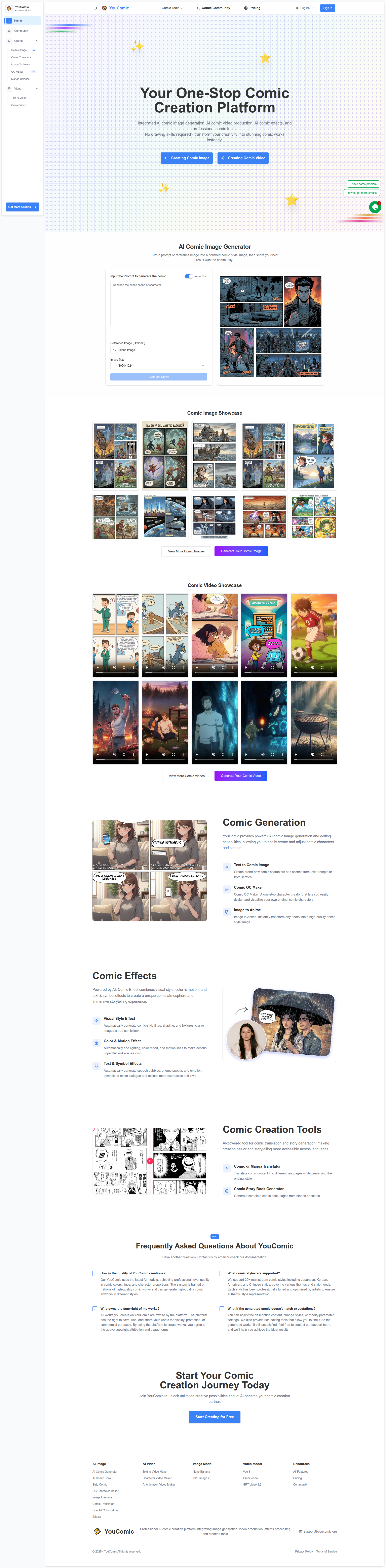 Landing page screenshot for youcomic.org, 1920 by 7797 pixels