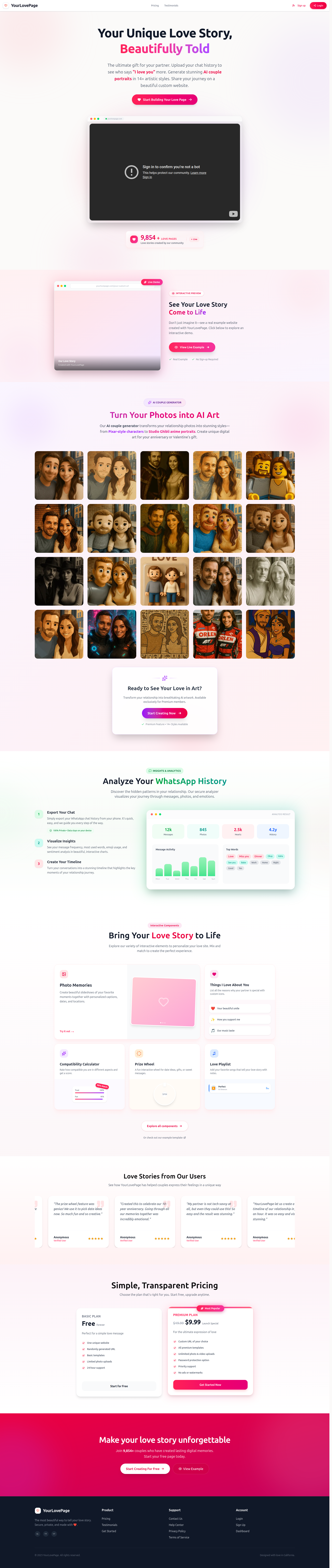 Landing page screenshot for yourlovepage.com, 1920 by 9054 pixels