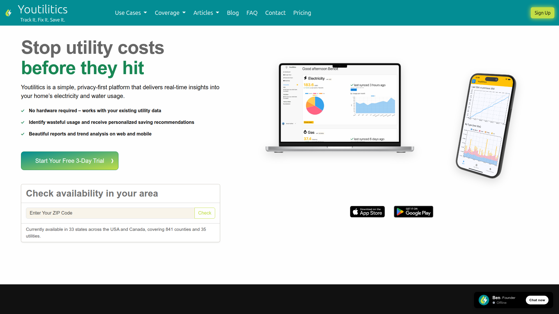 Landing page screenshot for youtilitics.com, 1920 by 1080 pixels